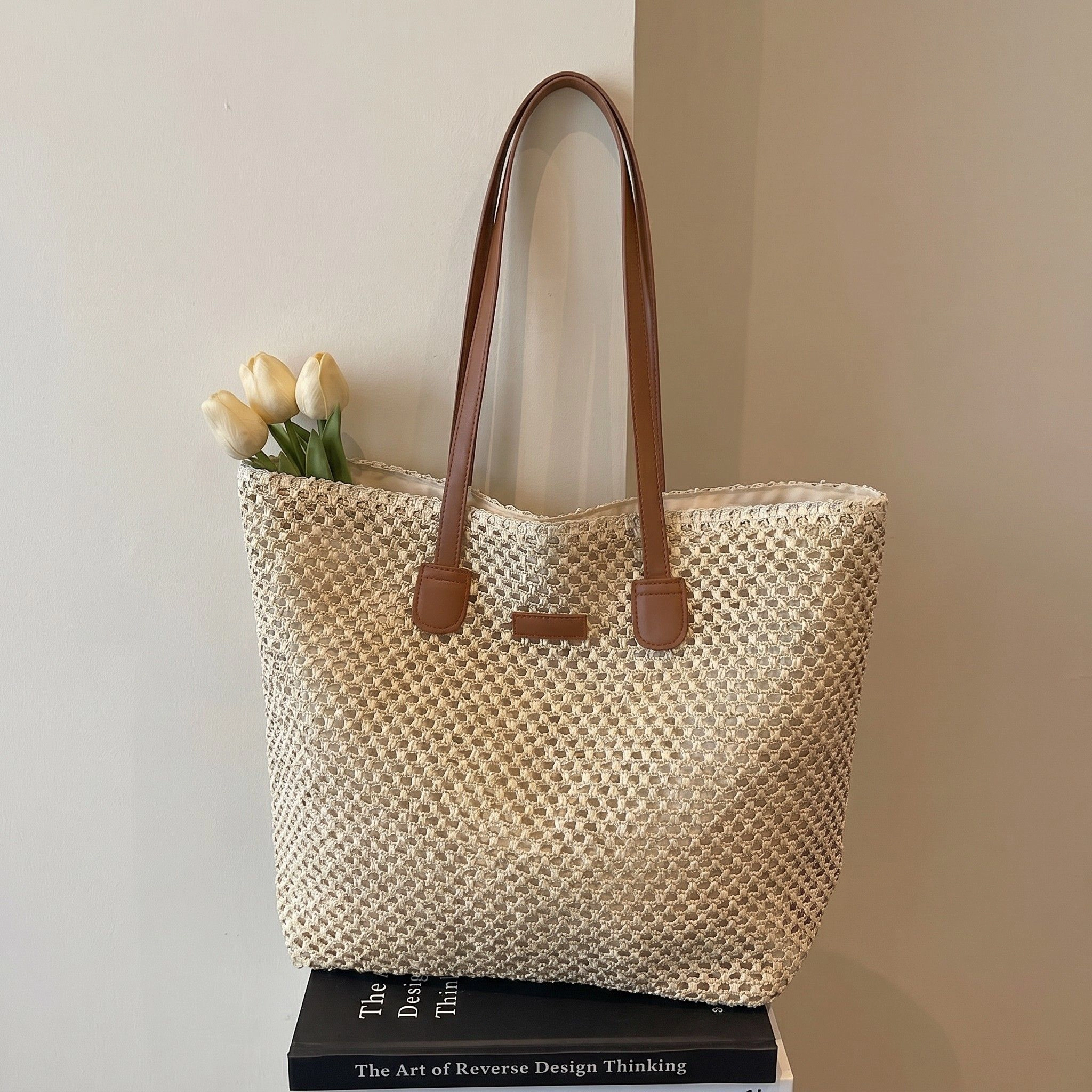 Alilang Women's Woven Straw Tote Bag Faux Leather Handles Large Capacity Shoulder Handbag for Everyday Use