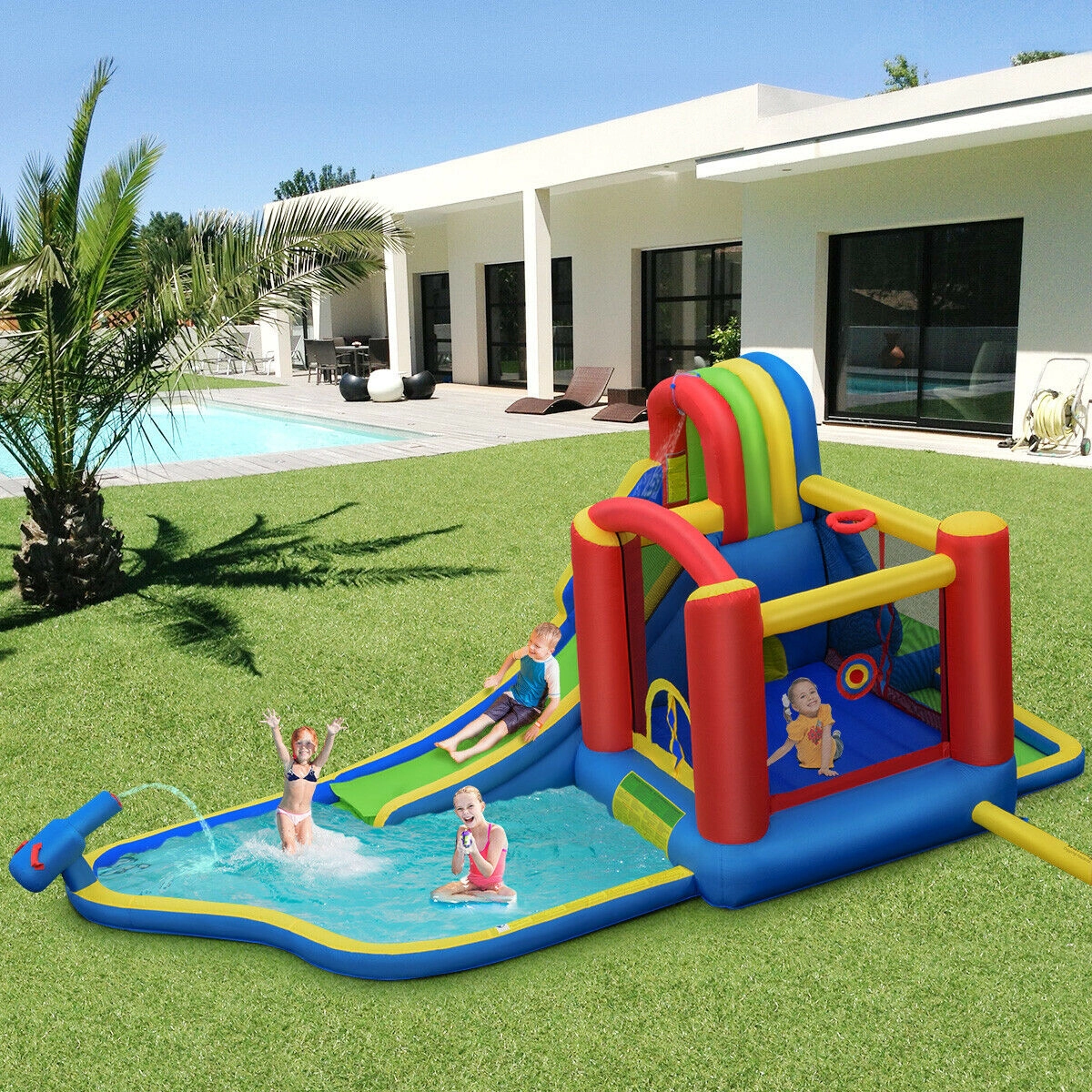 SUGIFT Inflatable Bounce House Castle with Curved Water Slide Tunnel Dart Board and 740W Blower