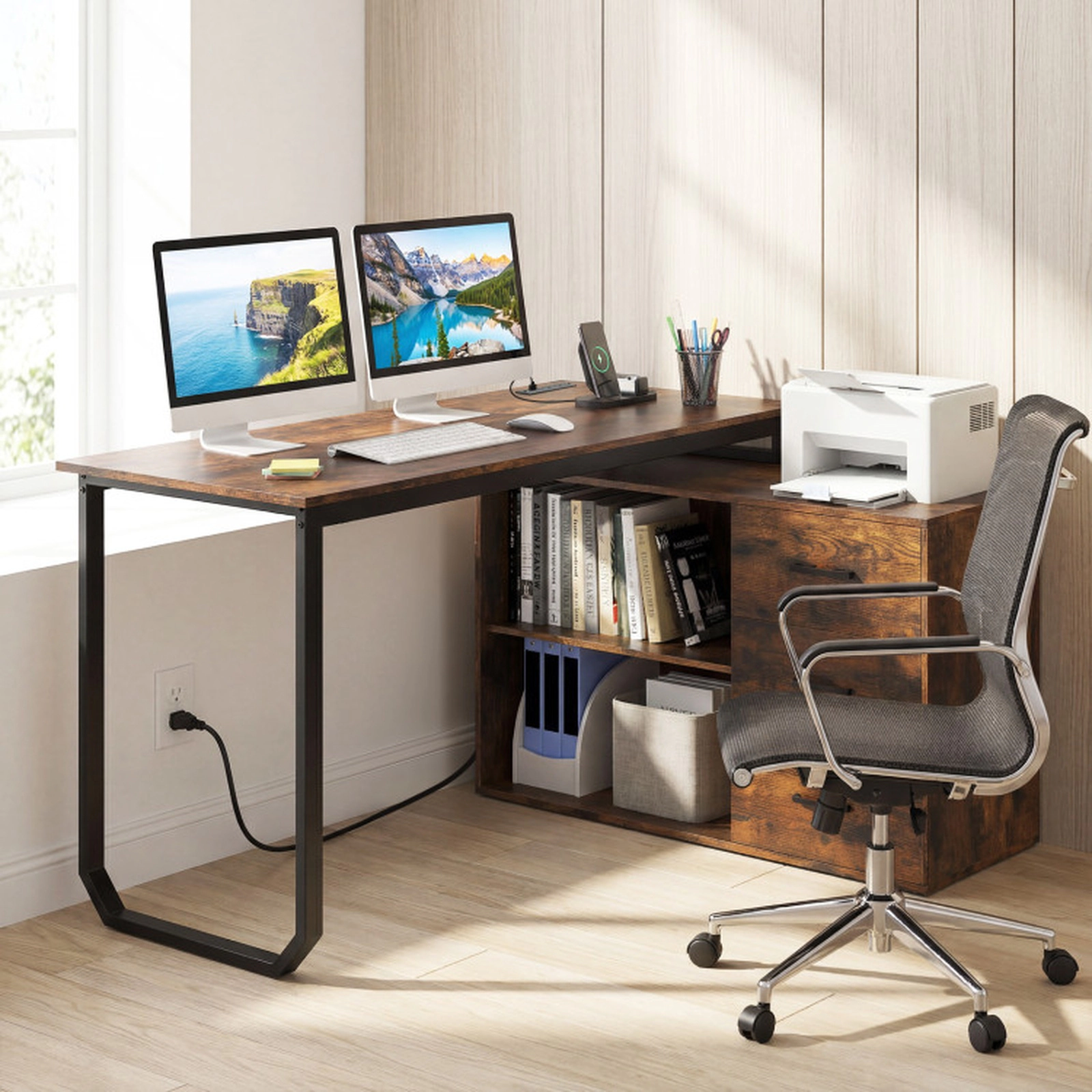 SUGIFT 110-lb Capacity Rustic Brown 55-in Reversible L-Shaped Desk with 3 Drawers and Adjustable Shelf