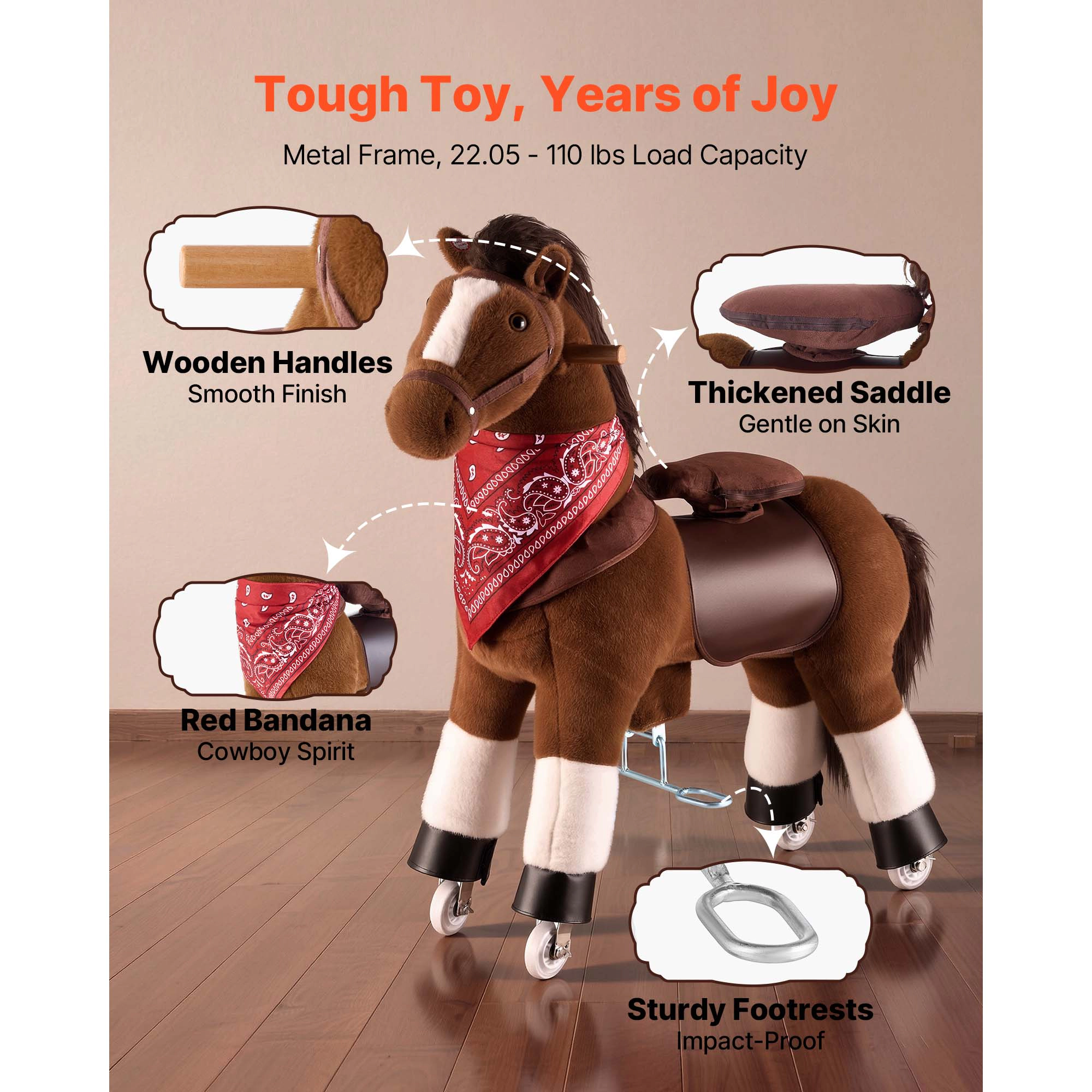 HONGGE Ride On Horse Riding Toys for Kids, No Battery Required, Smooth Wheels, Max Load Capacity for Ages