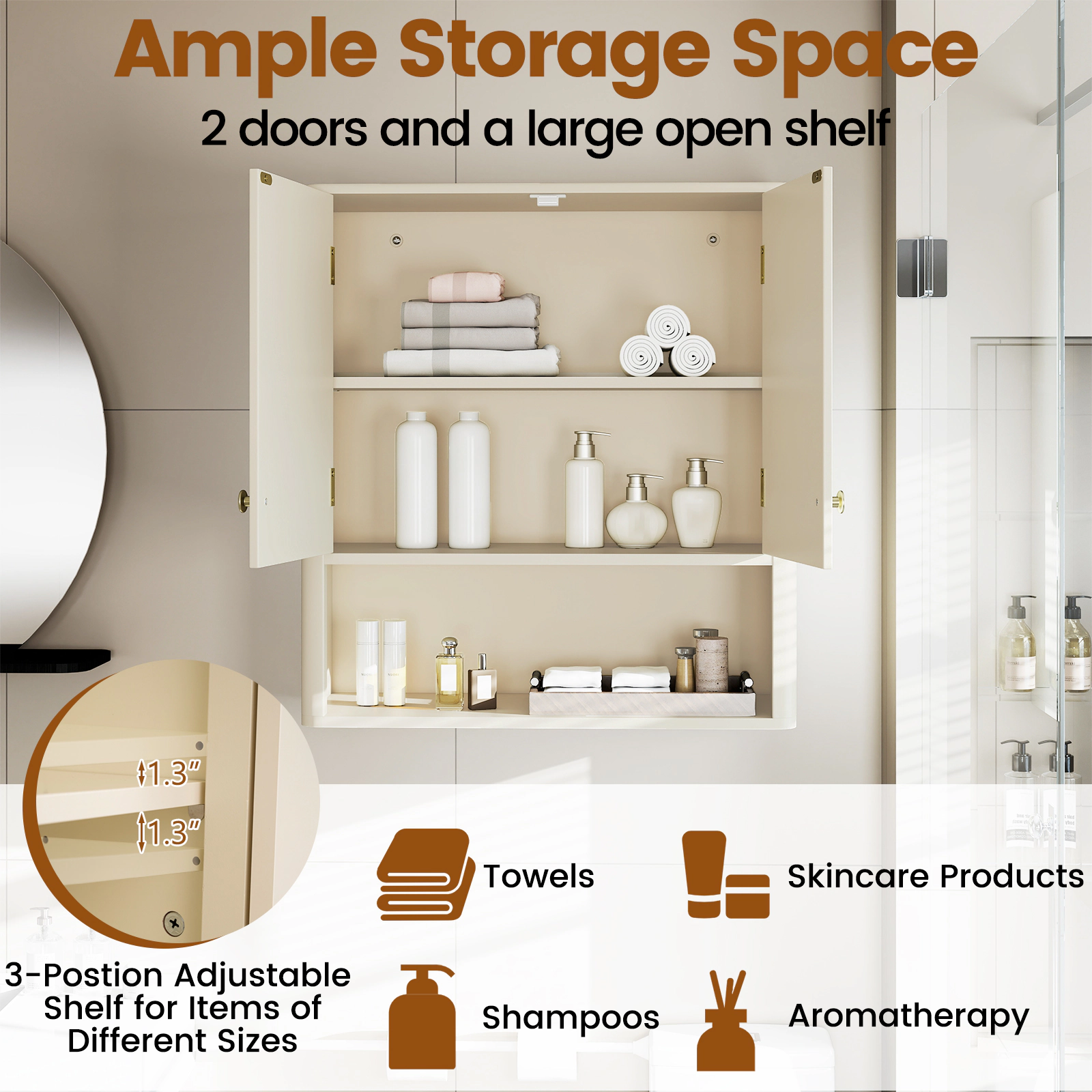 Slickblue Bathroom Wall Storage Cabinet with Fluted Doors and Open Shelf Organizer