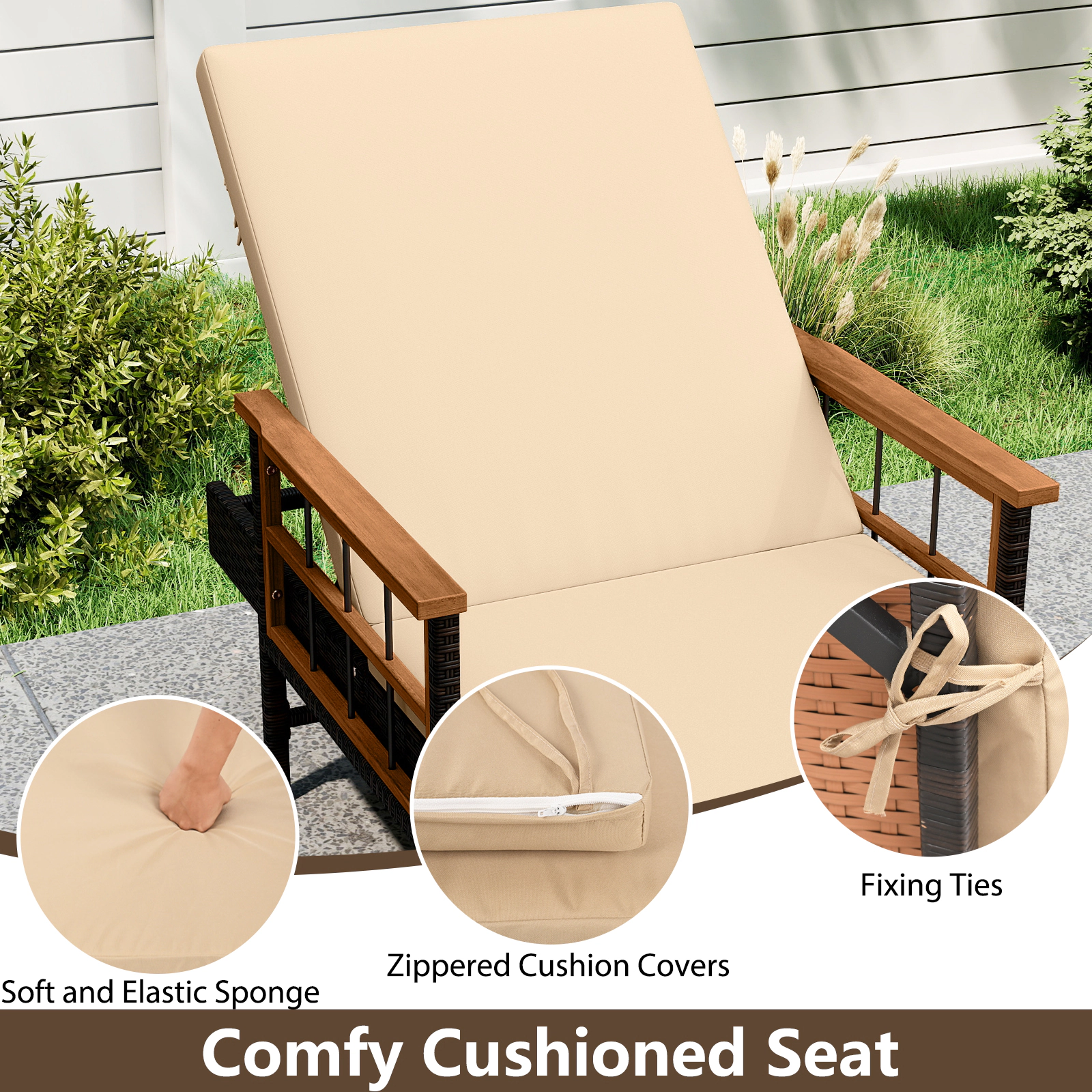 SUGIFT Beige 4-Level Backrest Mix Brown Wicker Cushions 400-lb Outdoor Reclining Lounger Chair