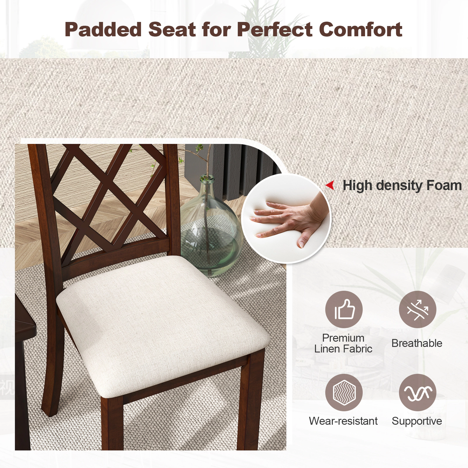 LJG Dining Chair Set of 2 Wood Kitchen Chairs with Upholstered Seat Cushion and Rubber Wood Legs