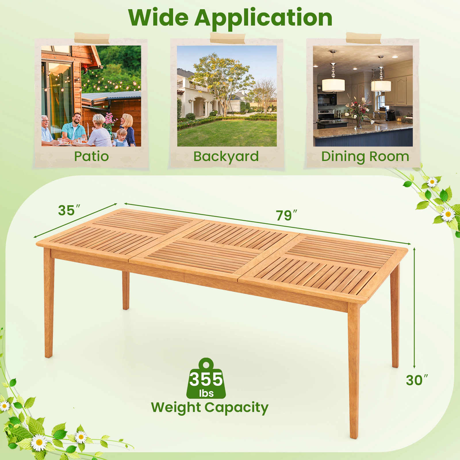 SUGIFT 8-Person Outdoor Acacia Wood Rectangular Dining Table 355-lb Capacity with Umbrella Hole Natural