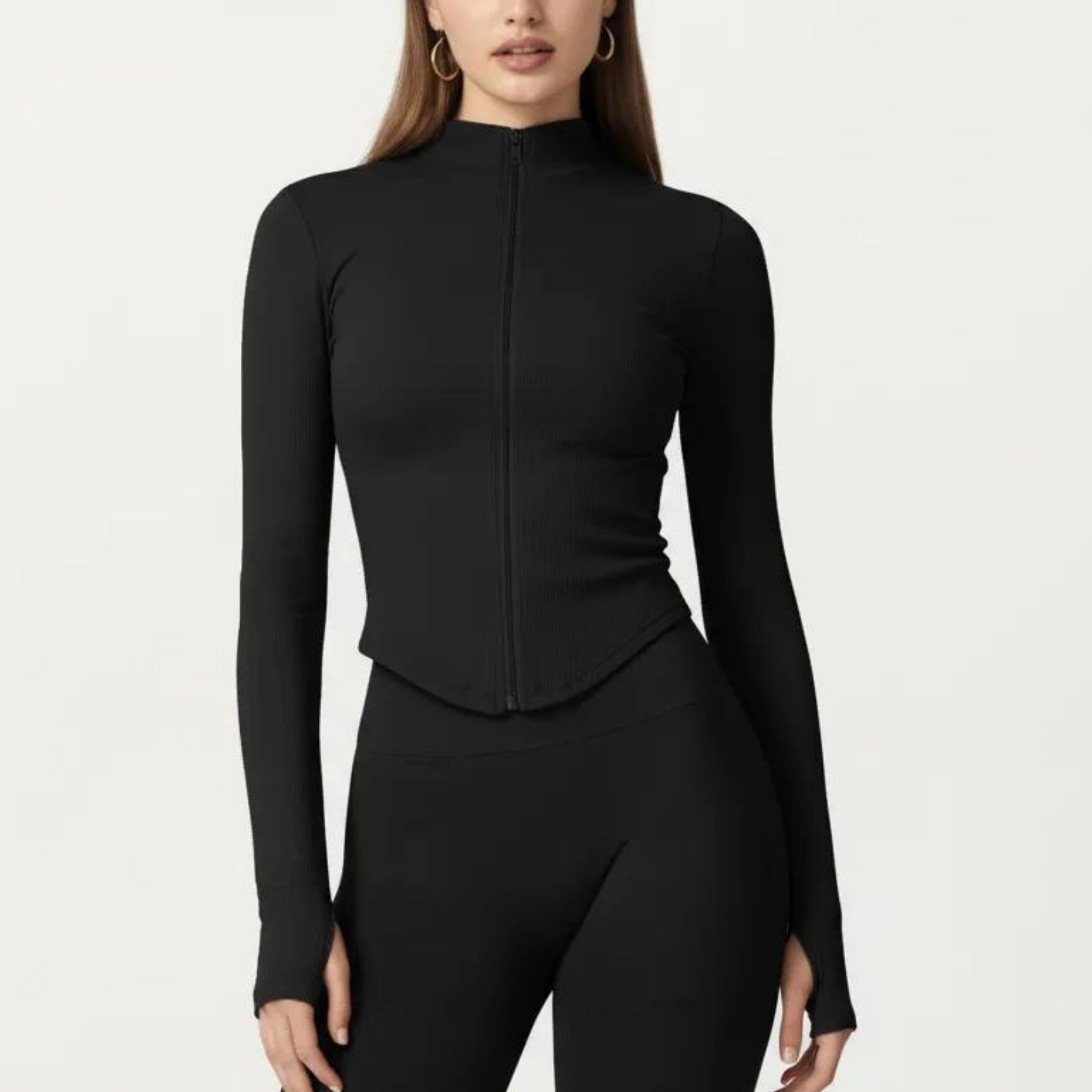 Anna-Kaci Women's Long Sleeve Zip Front Fitted Active Top with High Neck and Thumbhole Cuffs