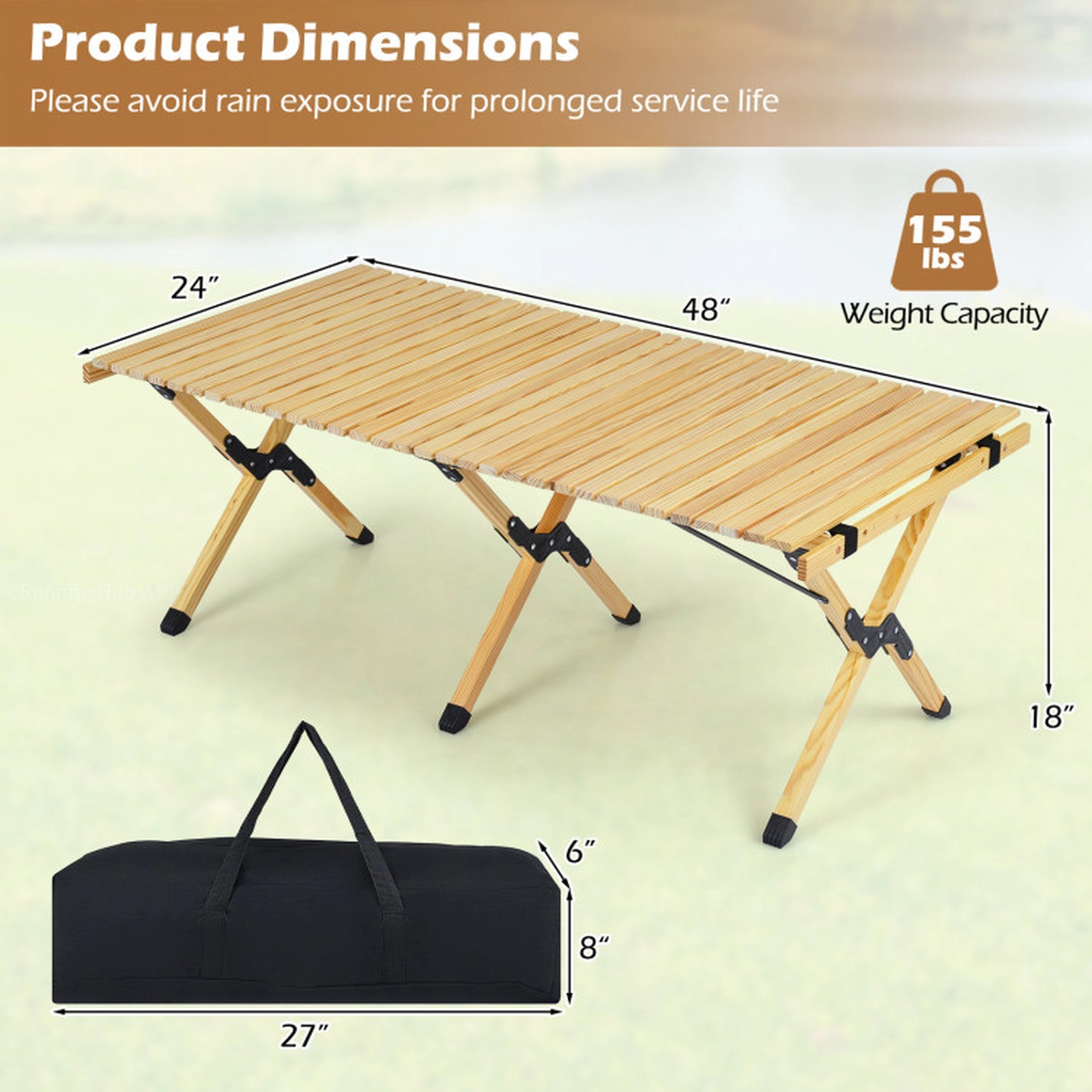 SUGIFT Natural Wood Roll Up Folding Camping Table with Carry Bag 48-in W 24-in D 18-in H 155-lb Tabletop Capacity