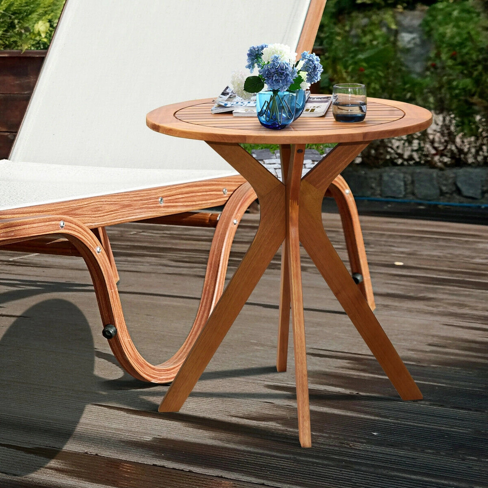 SUGIFT 27.5-in Eucalyptus Round Solid Wood Coffee Bistro Side Table 110-lb Capacity Outdoor Indoor Teak Finish 1-Piece
