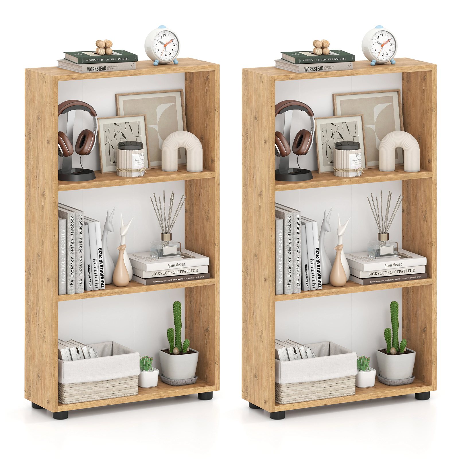 Costway 2PCS Bookshelf 3-Tier Bookcase w/Anti-Tipping Kit for Living Room Home Office Brown