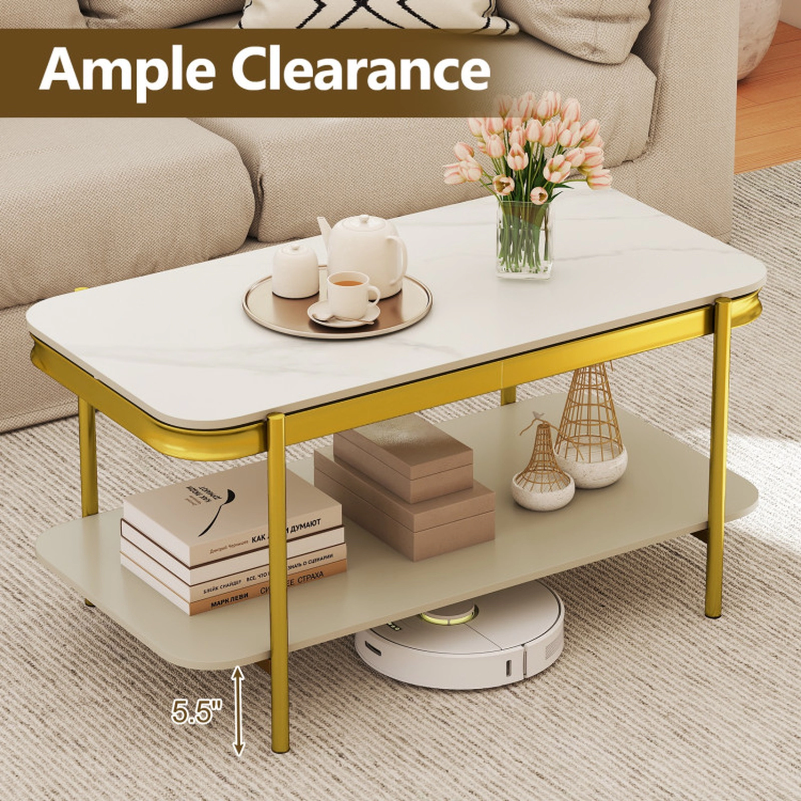 SUGIFT 2-Tier 100-lb Capacity Sintered Stone Top Modern Rectangular Coffee Table with Open Storage Shelf