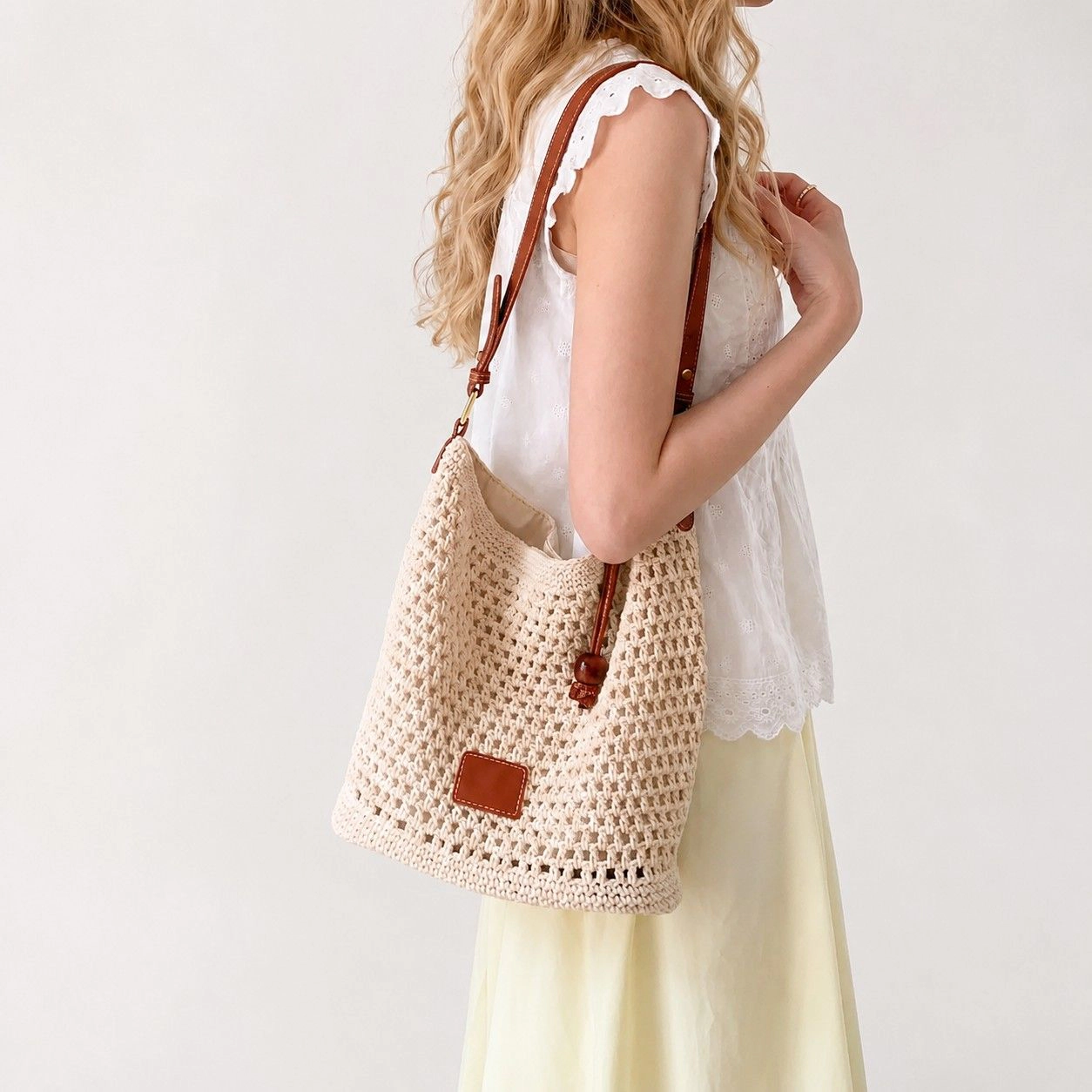 Alilang Women's Crochet Woven Shoulder Bag Lightweight Crossbody Handbag with Contrast Trim