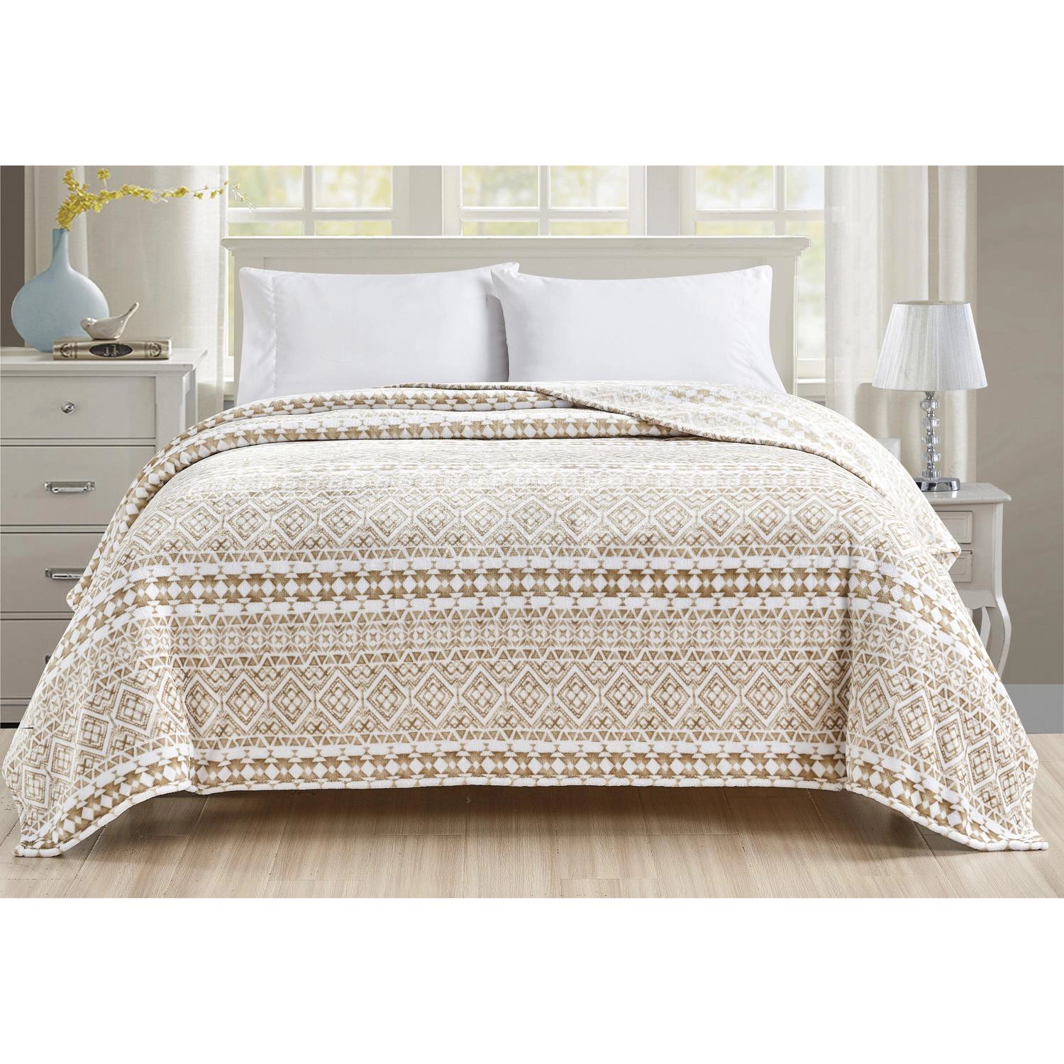 Plazatex Tala Printed Luxurious Ultra Soft Lightweight Bed Blanket 90" x 90" Beige