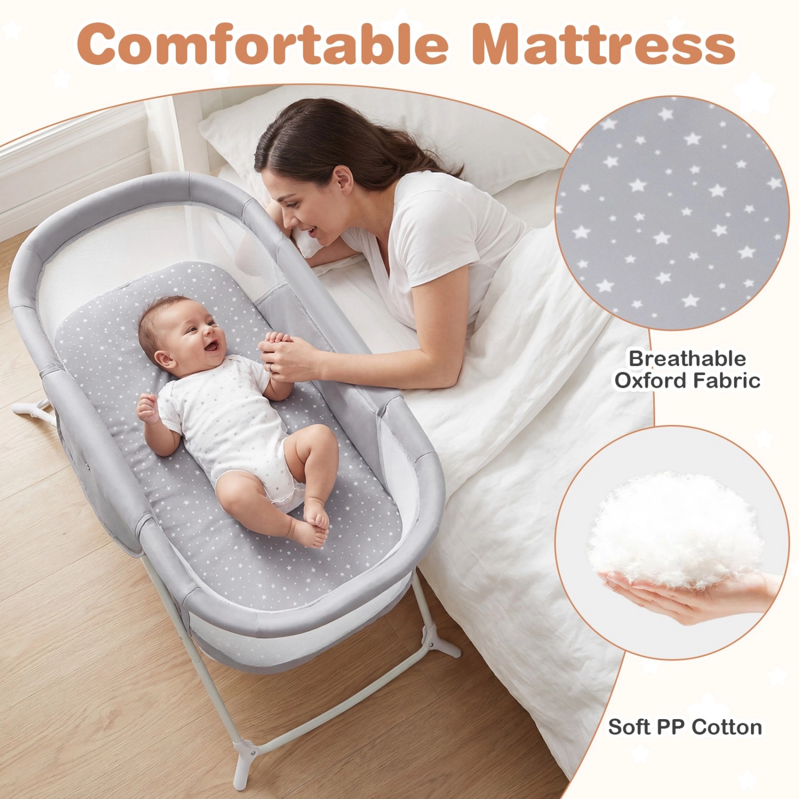SUGIFT 2-in-1 Rocking & Stationary Bassinet Foldable Bedside Sleeper 66-lb Capacity Ages 0-5 Months Black/Gray/Beige