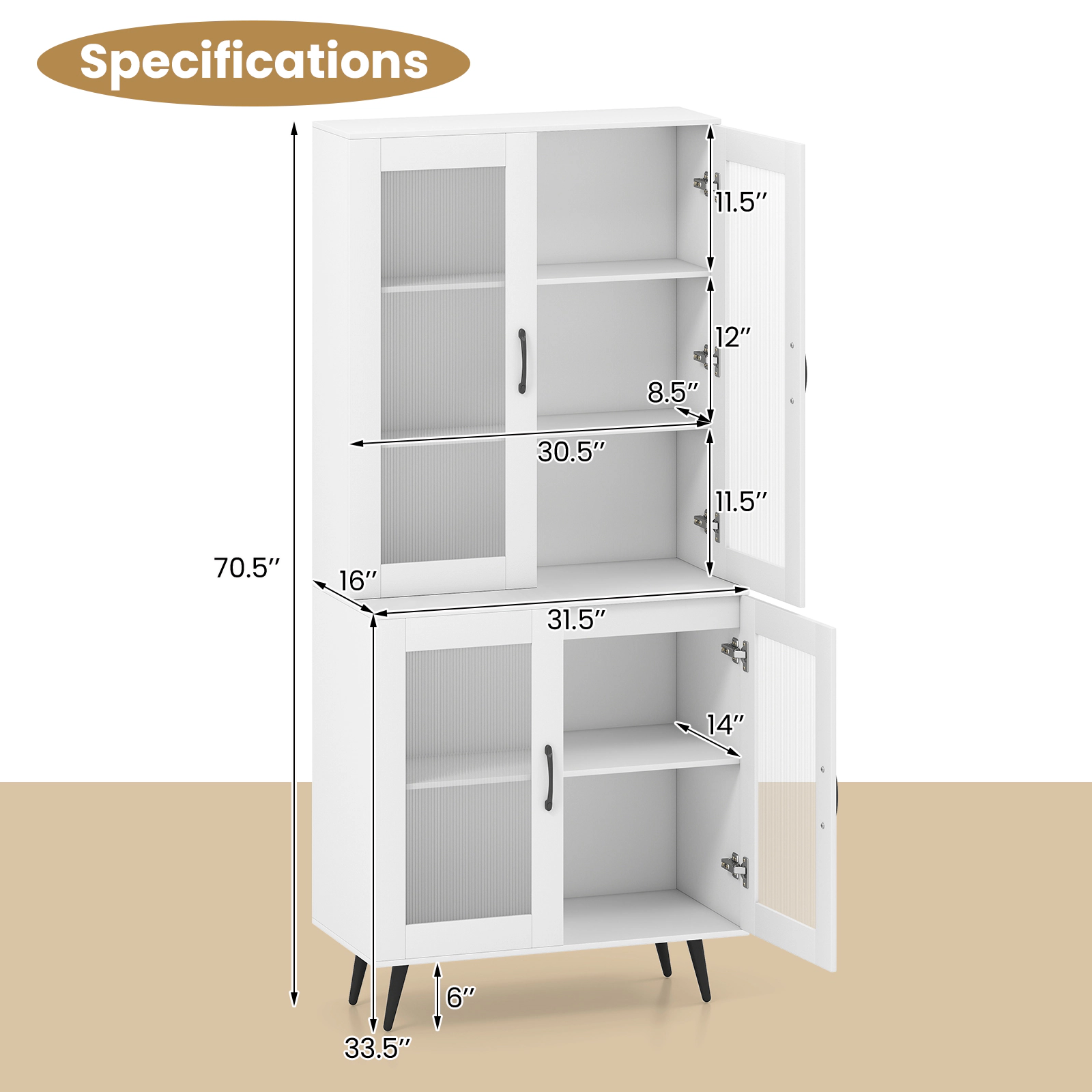 SUGIFT 70.5-in Tall White Pantry Cabinet Cupboard with 4 Transparent Doors and 5-Position Adjustable Shelf