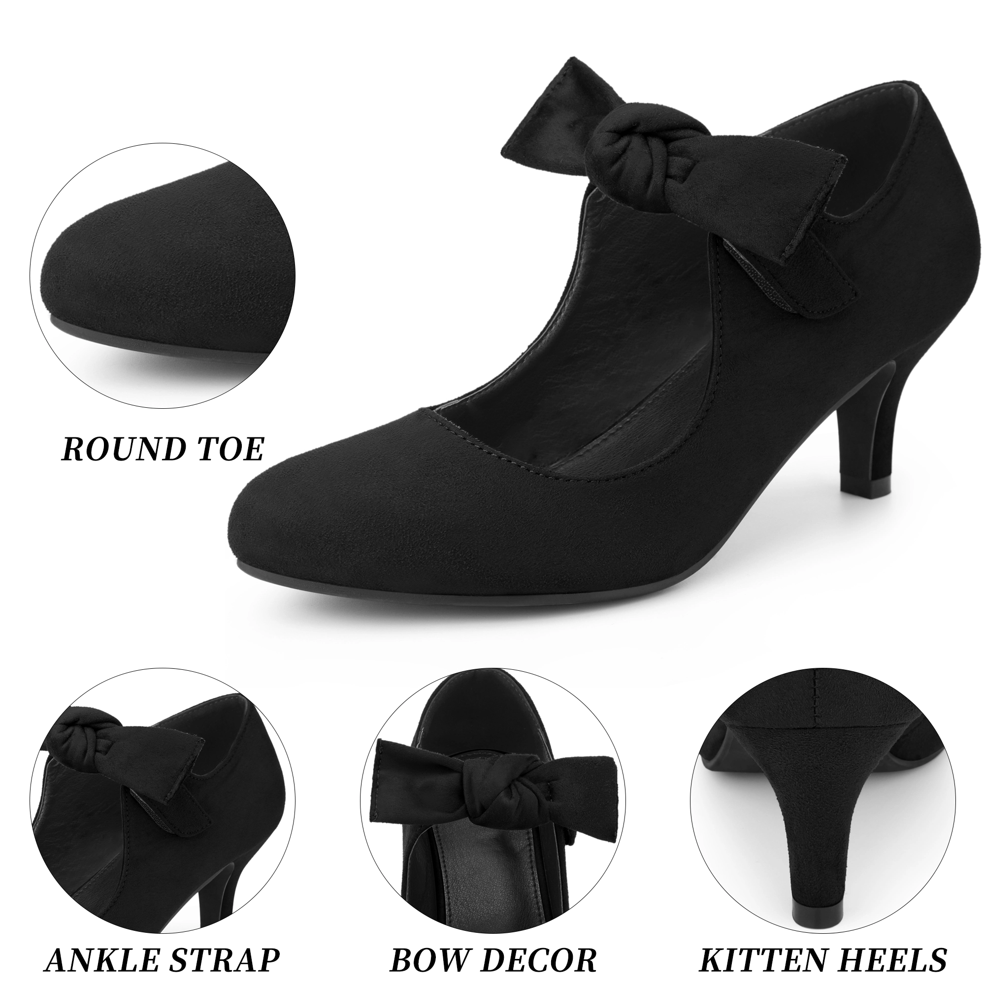 BLISSFUL STEP Women Closed Toe Bow Knot Ankle Strap Kitten Heel Mary Jane Pumps