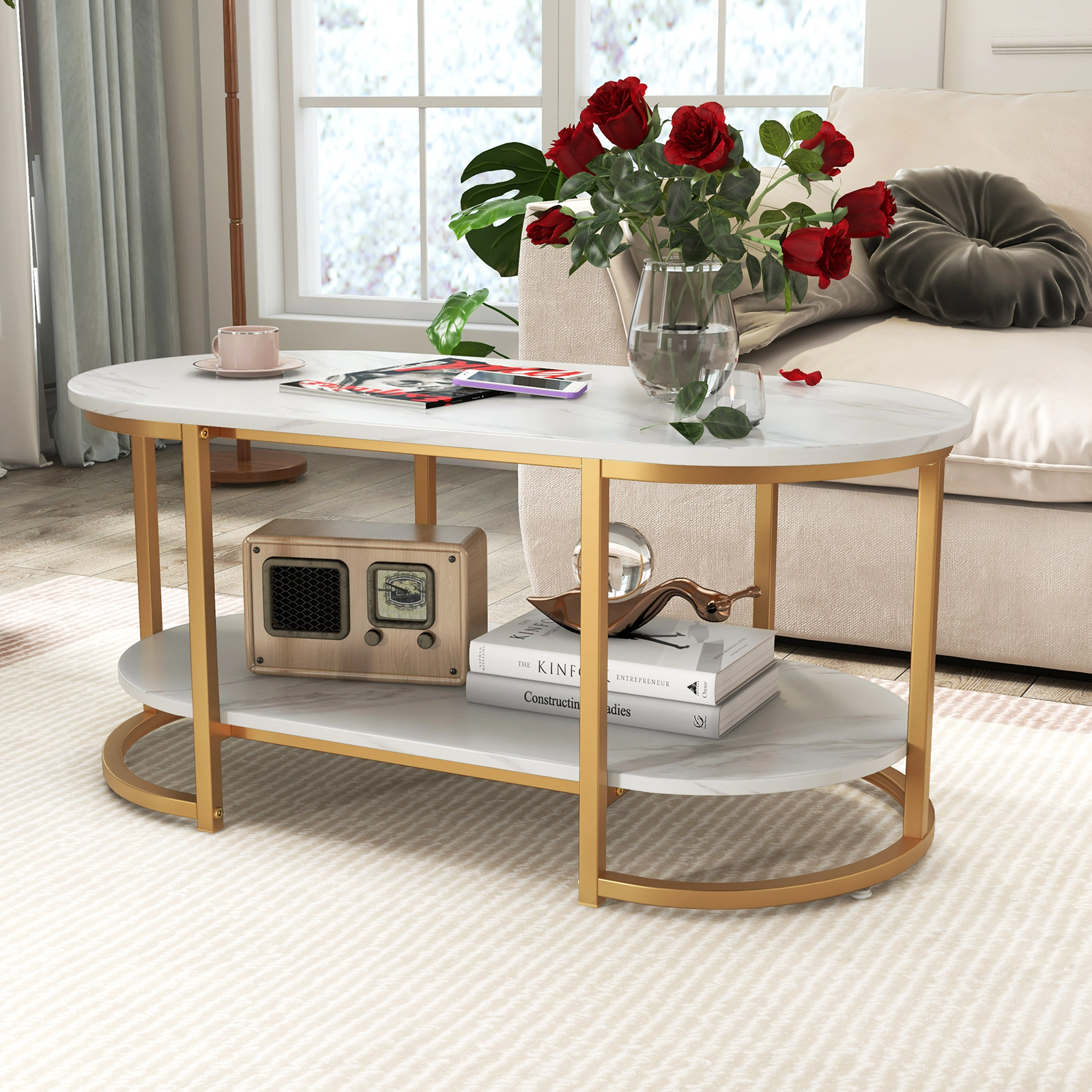 Glintex 2-Tier 39.5-Inch Faux Marble Coffee Table with Metal Tube Frame