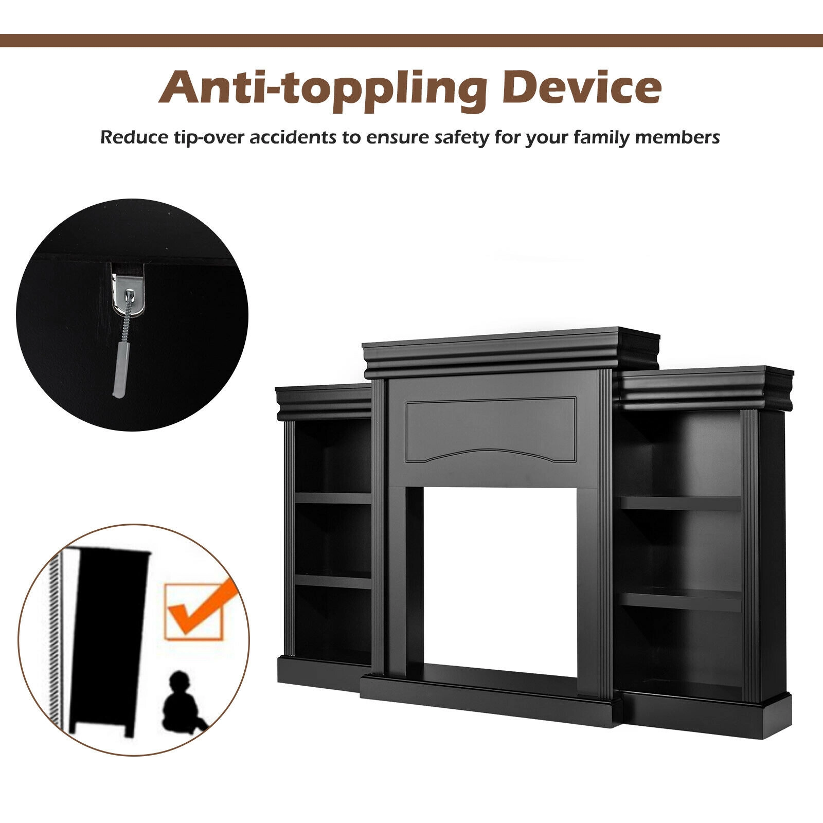 SUGIFT 70-in Modern Fireplace Media TV Stand with Bookcase 44-lb Tabletop Capacity Black