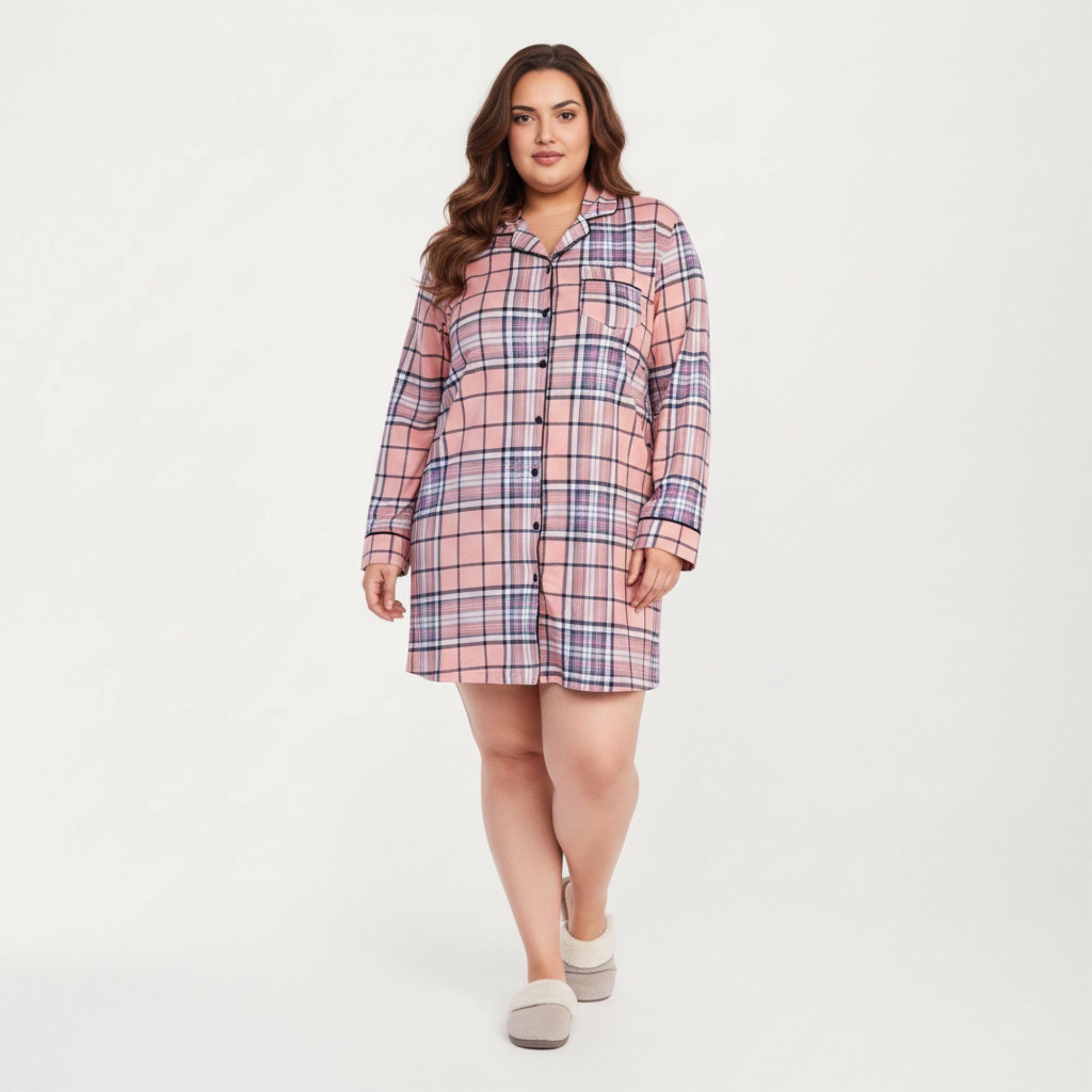 Anna-Kaci Women's Plaid Long Sleeve Sleep Shirt Brushed Fabric Classic Button Front Design and Above-Knee Silhouette
