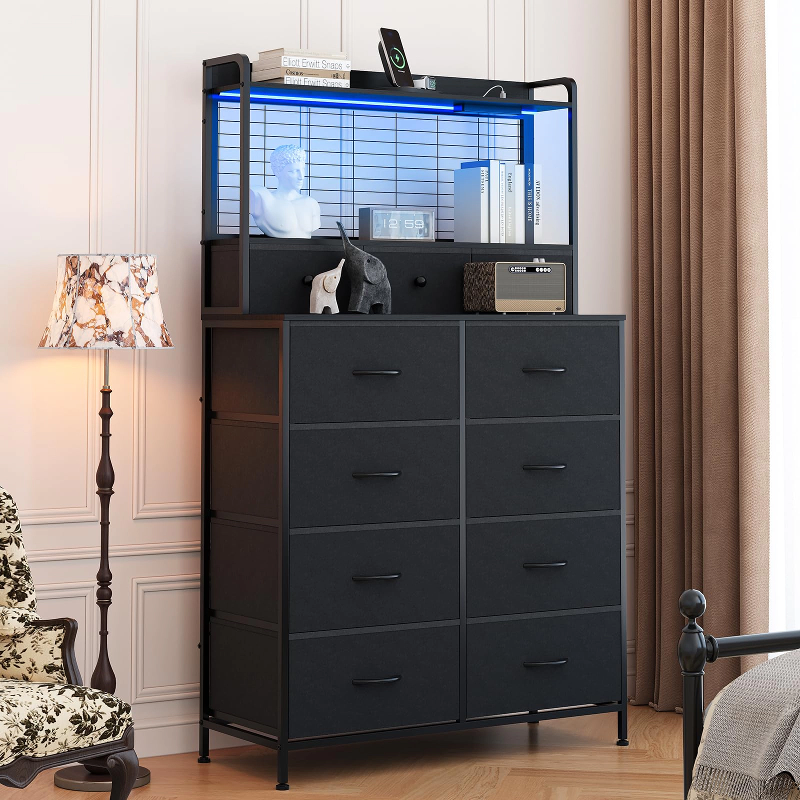 11 Drawer Fabric Dresser with Wireless Charging, App-Controlled RGB LED Lights & Open Shelf