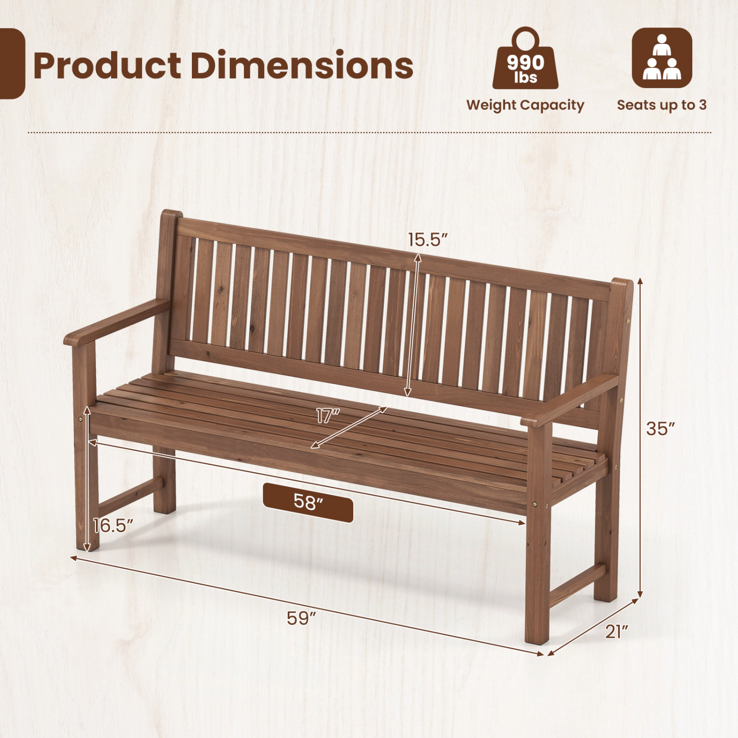LJG 3-Seater Outdoor Wooden Bench 59 Inch Large Garden with Backrest