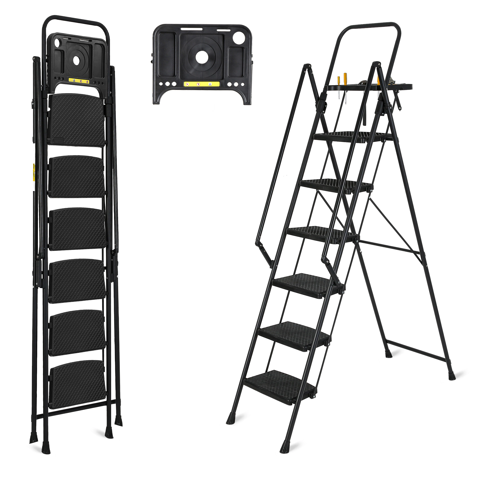 Flynama 6 Step Ladder- 330lb Capacity Steel Foldable Step Stool With Tool Tray (Black)