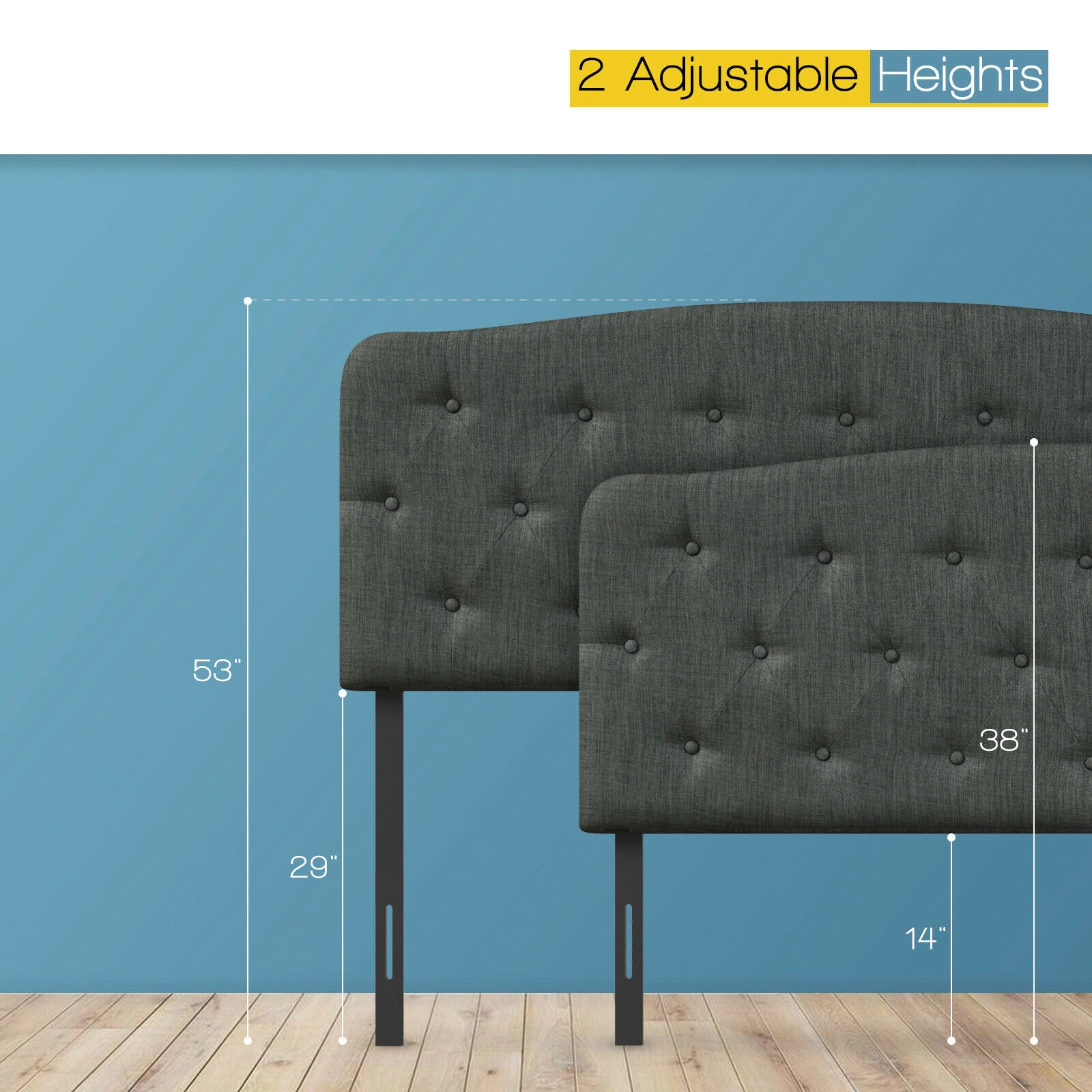 SUGIFT Full Size Button Tufted Faux Linen 2 Adjustable Heights Headboard 55-in x 3-in 38-in to 53-in Tall Dark Gray