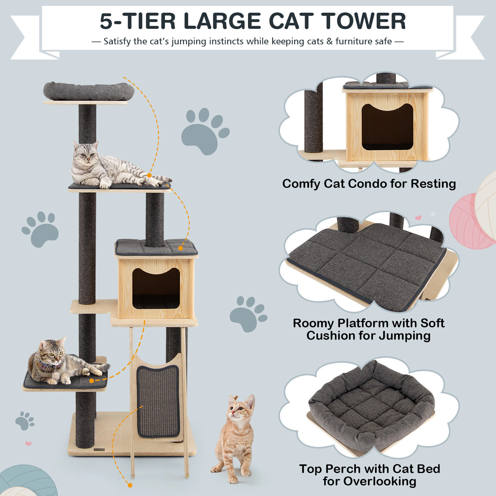 SUGIFT 69 in Wood Cat Tower Gray 5-Tier with Washable Cushions and Sisal Posts