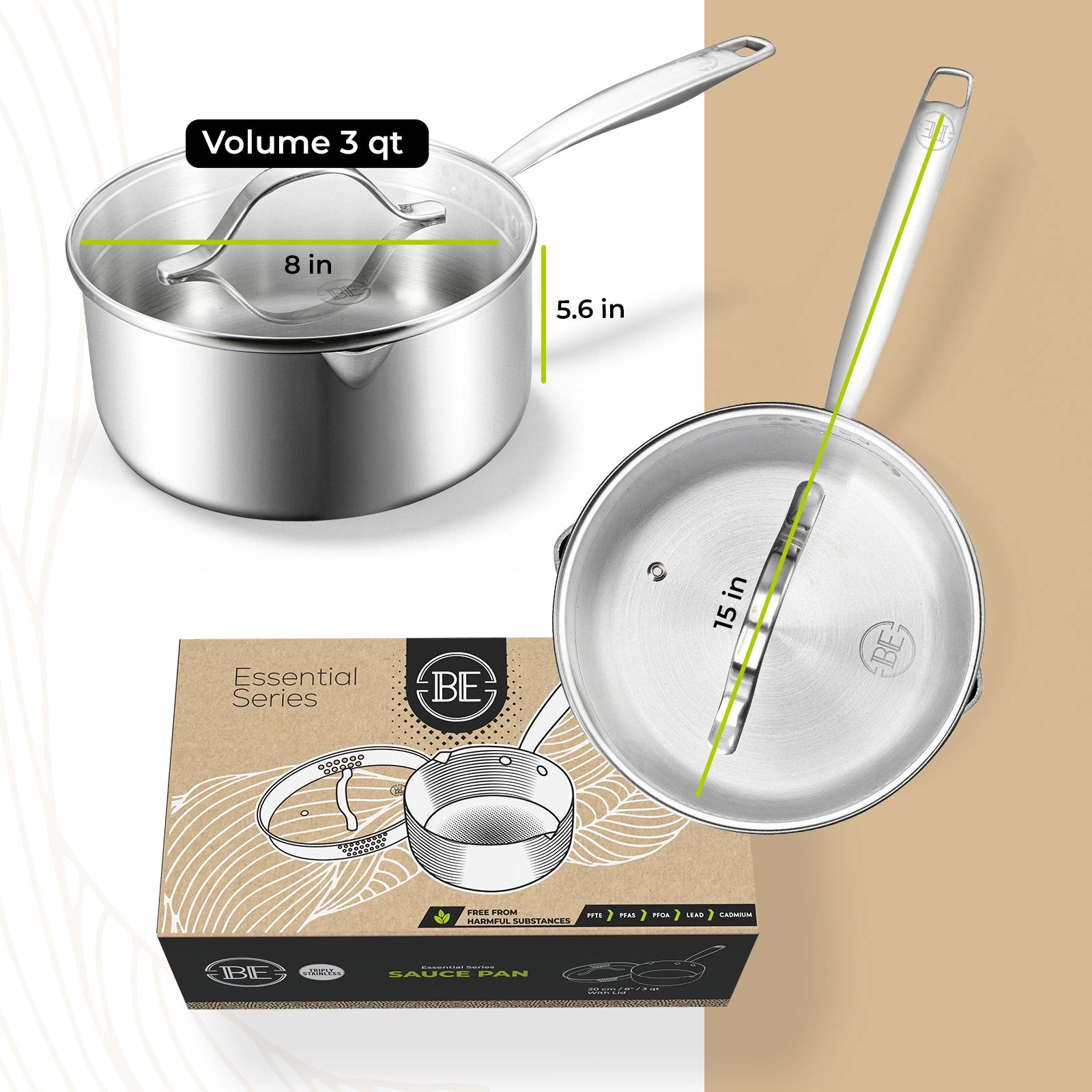BE - LIVING Essential Series PFAS-free Tri-Ply Stainless Steel Sauce Pan with Lid 8"