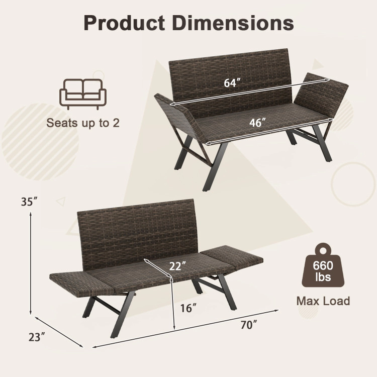 Hivvago Patio Convertible Sofa For 2 Quick Dry Foam Padded Rattan With Armrests