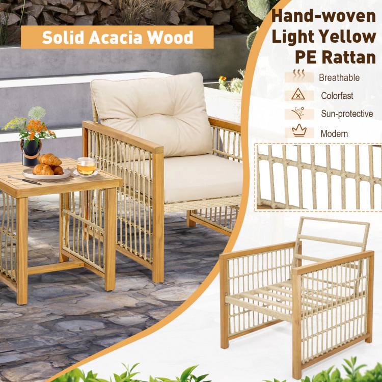 Hivvago 3 Pieces Patio Pe Wicker Conversation Set With Acacia Wood Frame And Cushions