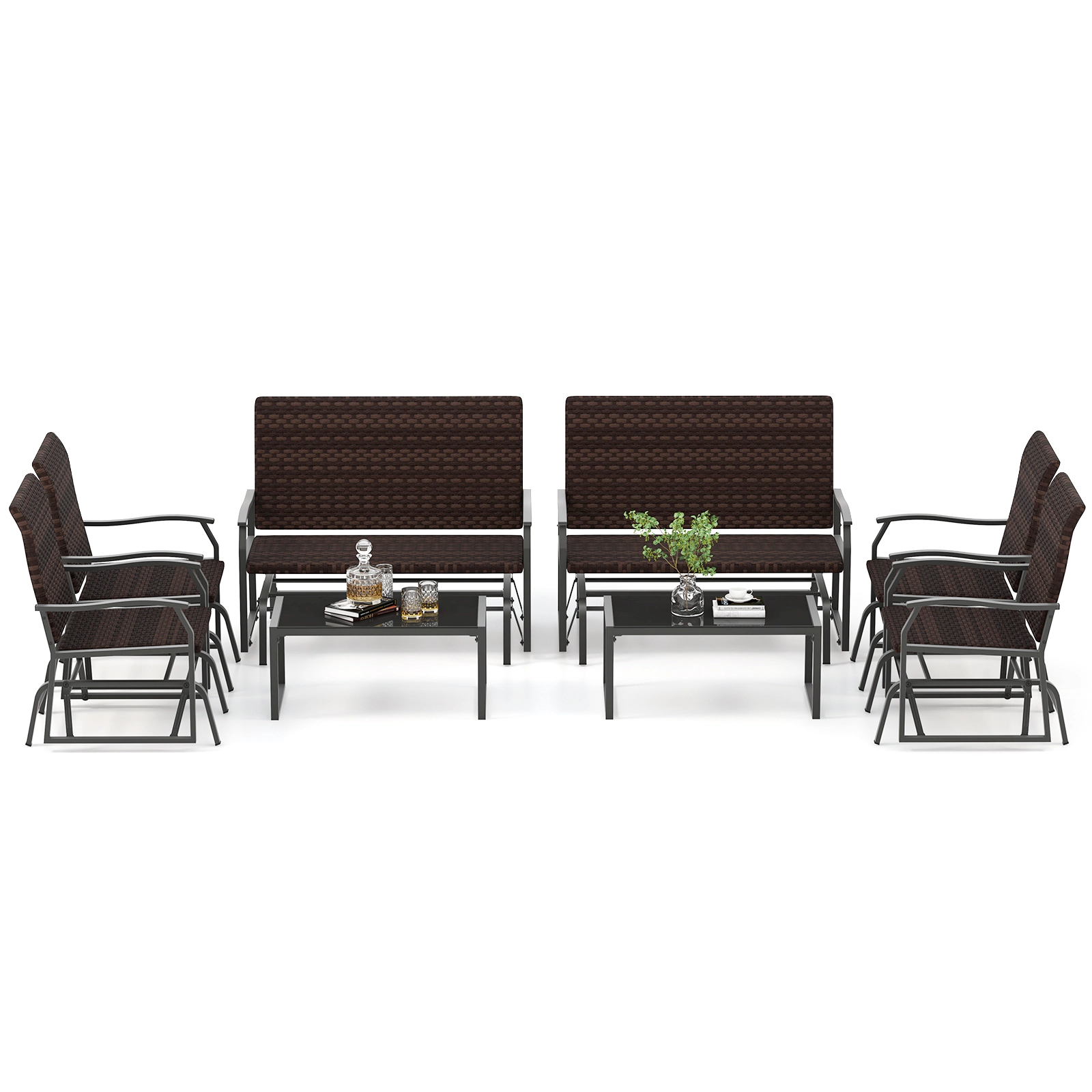 LJG 4 Piece Patio Gliding Set Wicker Swing Glider Furniture Set All Weather Witrh Tempered Glass Coffee Table