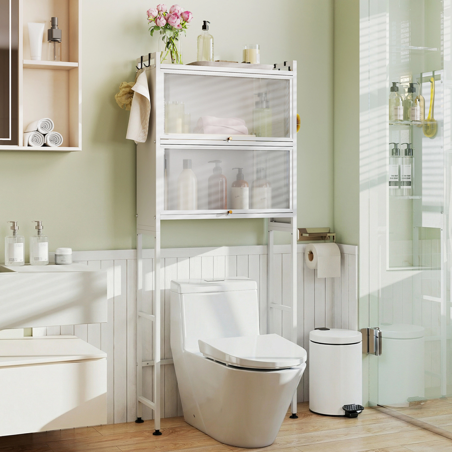 SUGIFT Over the Toilet Storage Cabinet Bathroom Organizer with 2 Flip-Up Doors 4 Hooks and Anti-Tip Kits