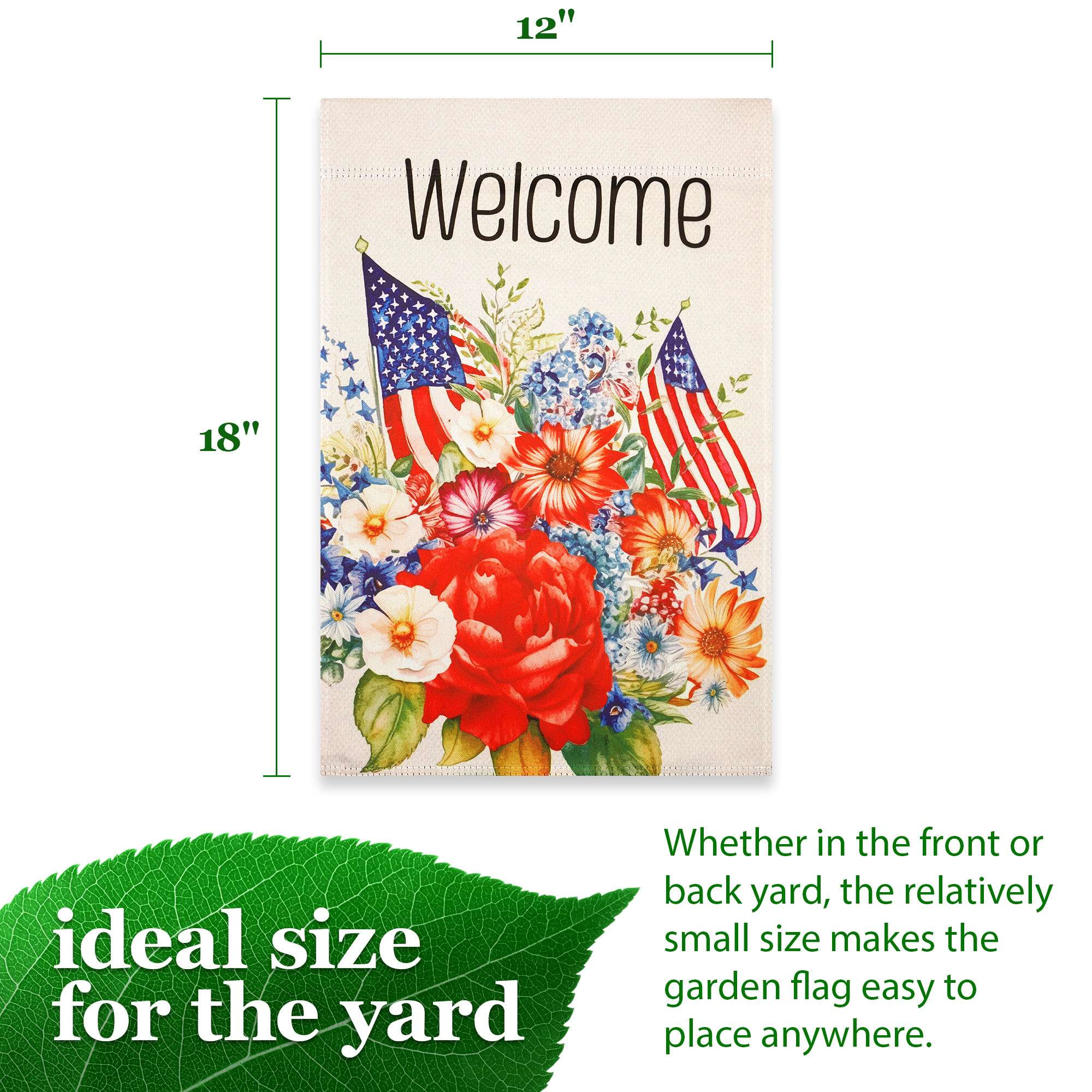 G128 12x18 in Double-Sided Patriotic Welcome Garden Flag - Red White Blue Floral
