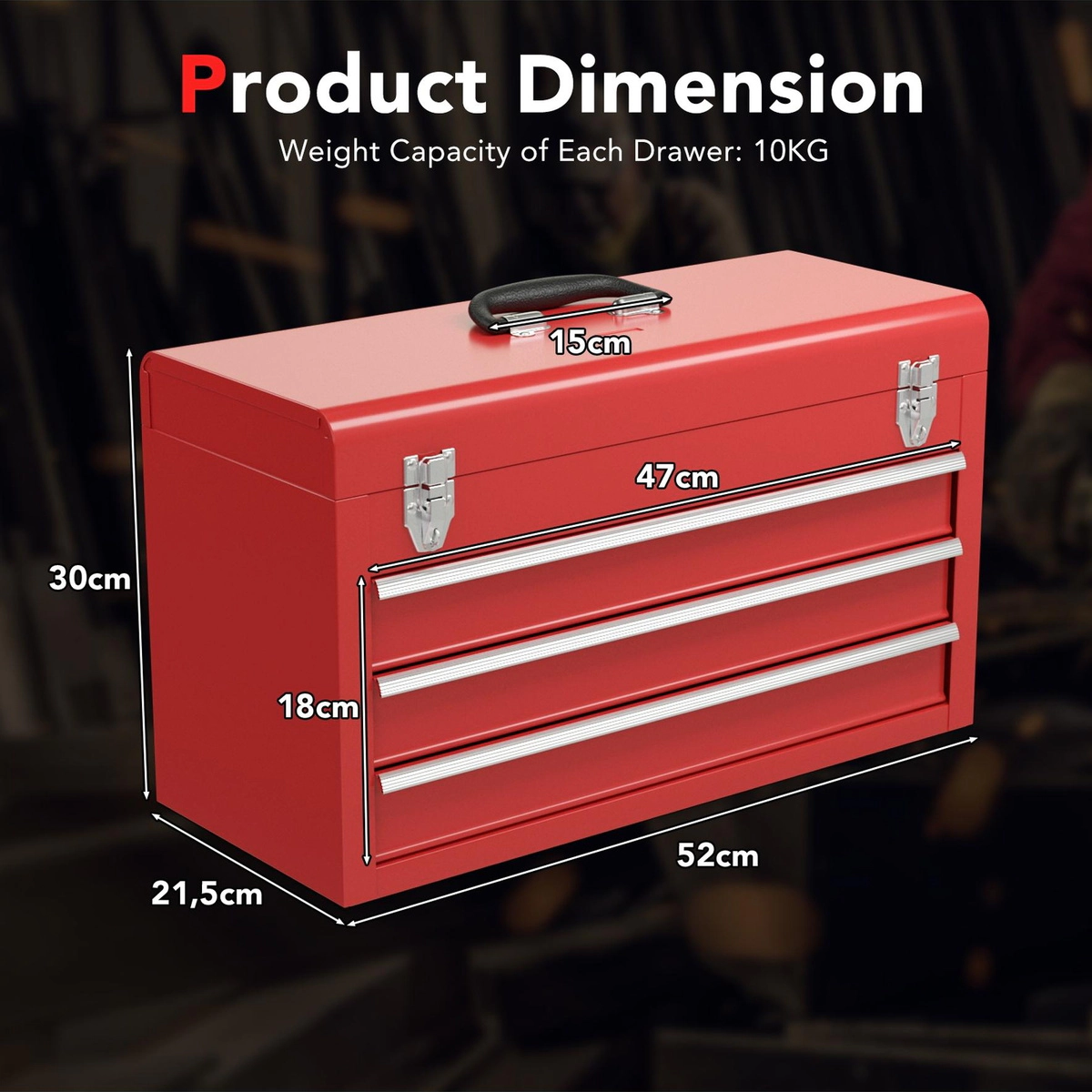 SUGIFT Garage Mechanic Tool Cabinet Box with 3 Drawers 22-lb Drawer Capacity 20.5-in Wide Top Tray Locking Lid Red