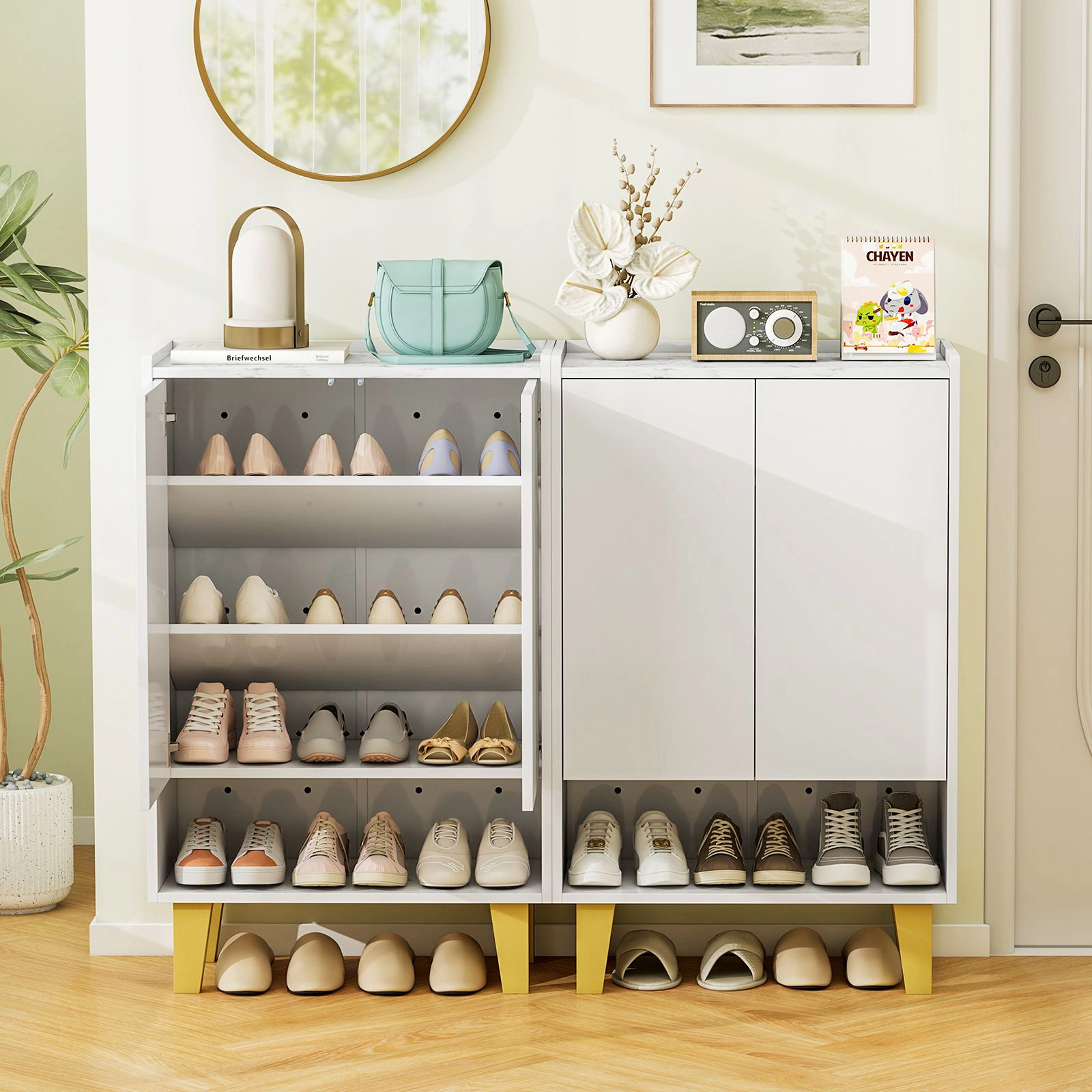 SlickBlue Modern Shoe Cabinet with Faux Marble Top and Tilting Shelves White