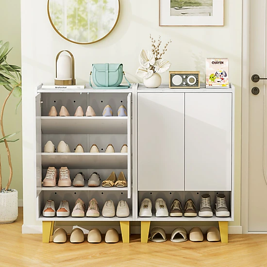 SlickBlue Modern Shoe Cabinet with Faux Marble Top and Tilting Shelves White