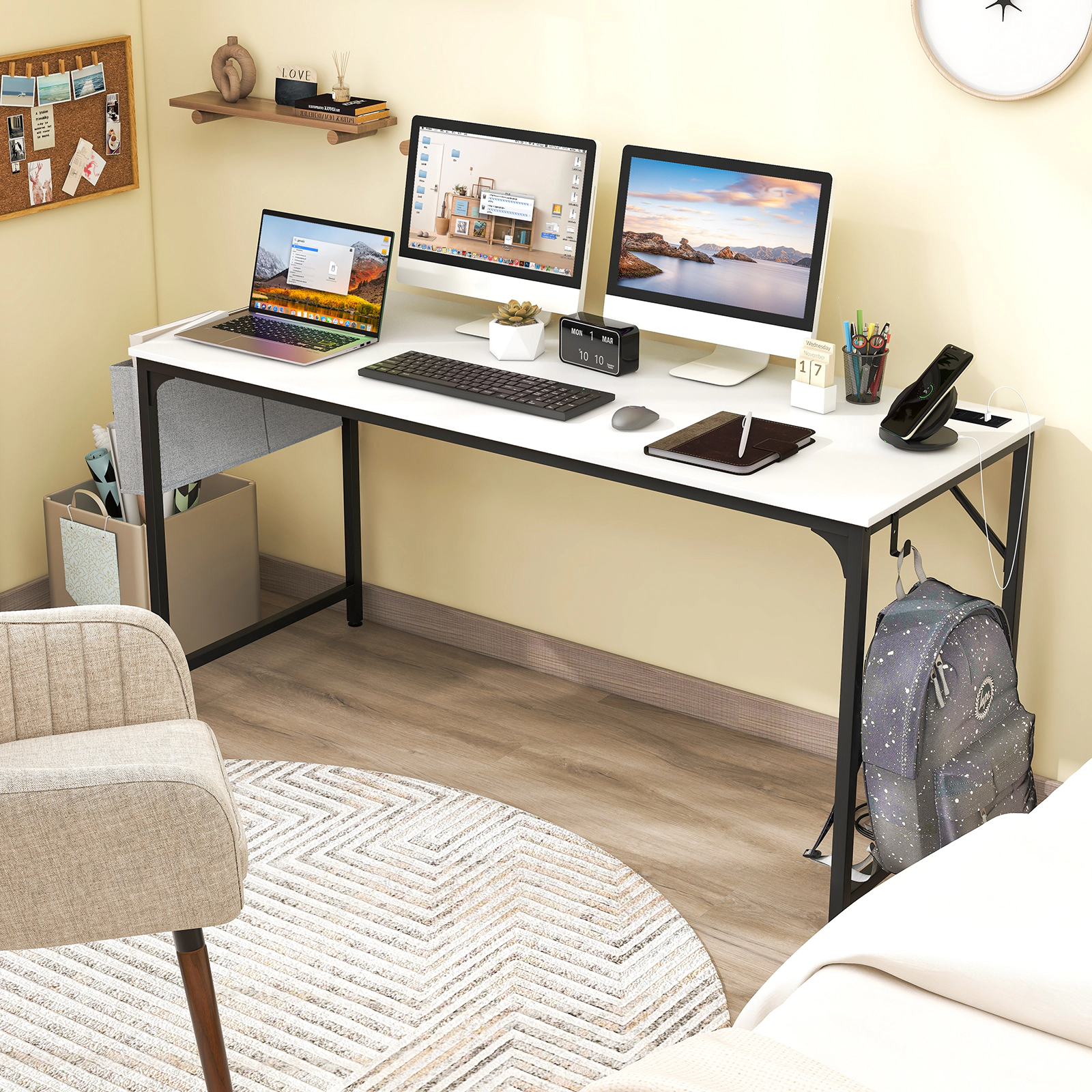 SUGIFT 60-Inch White Computer Desk with Power Outlet, USB Port, Storage Bag and Headphone Hook