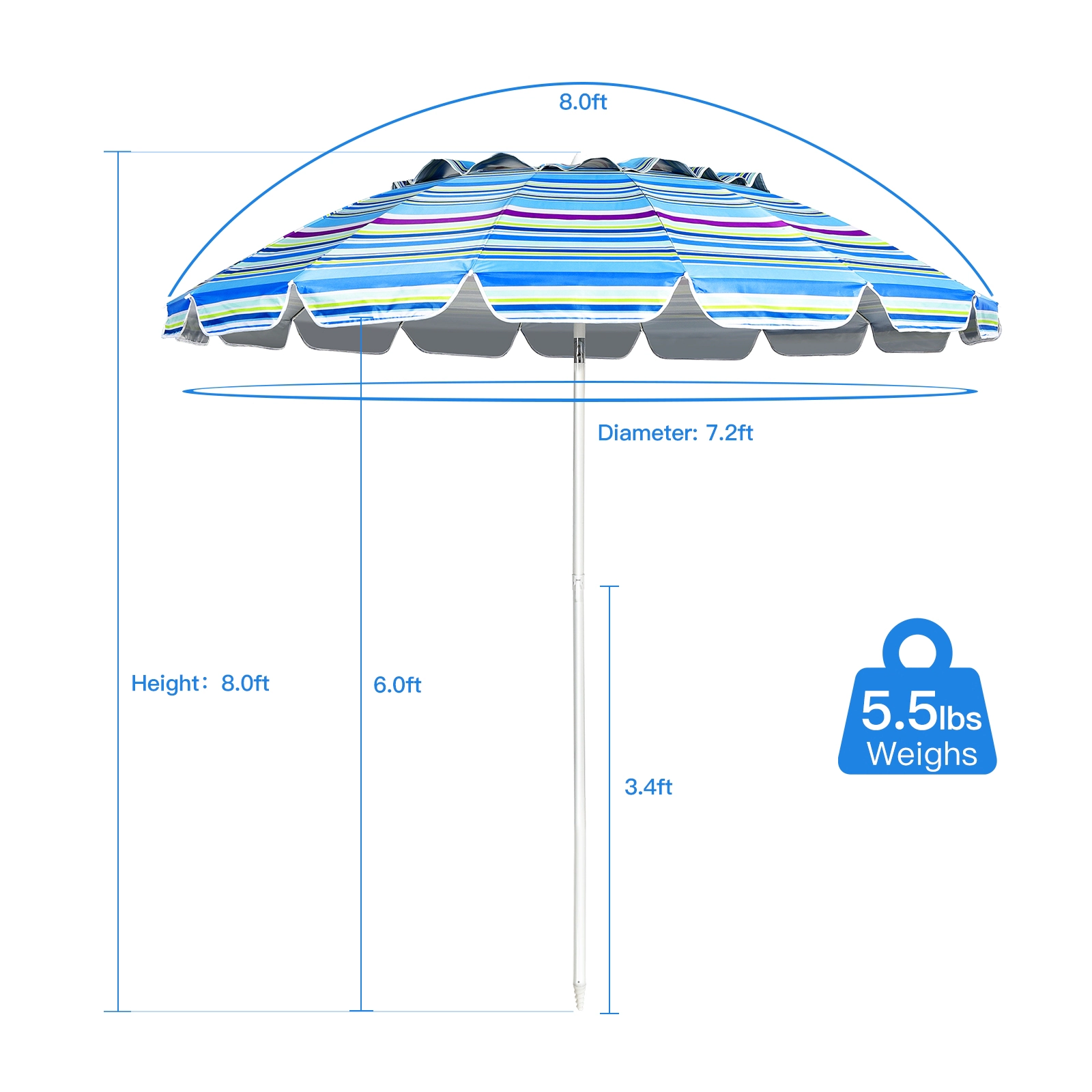 SUGIFT 8ft Portable Beach Umbrella with Sand Anchor and Tilt Mechanism Blue
