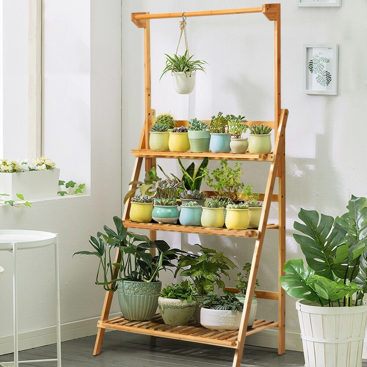 SlickBlue Unisex 3-Tier Indoor Outdoor Plant Stand with Hanging Rod