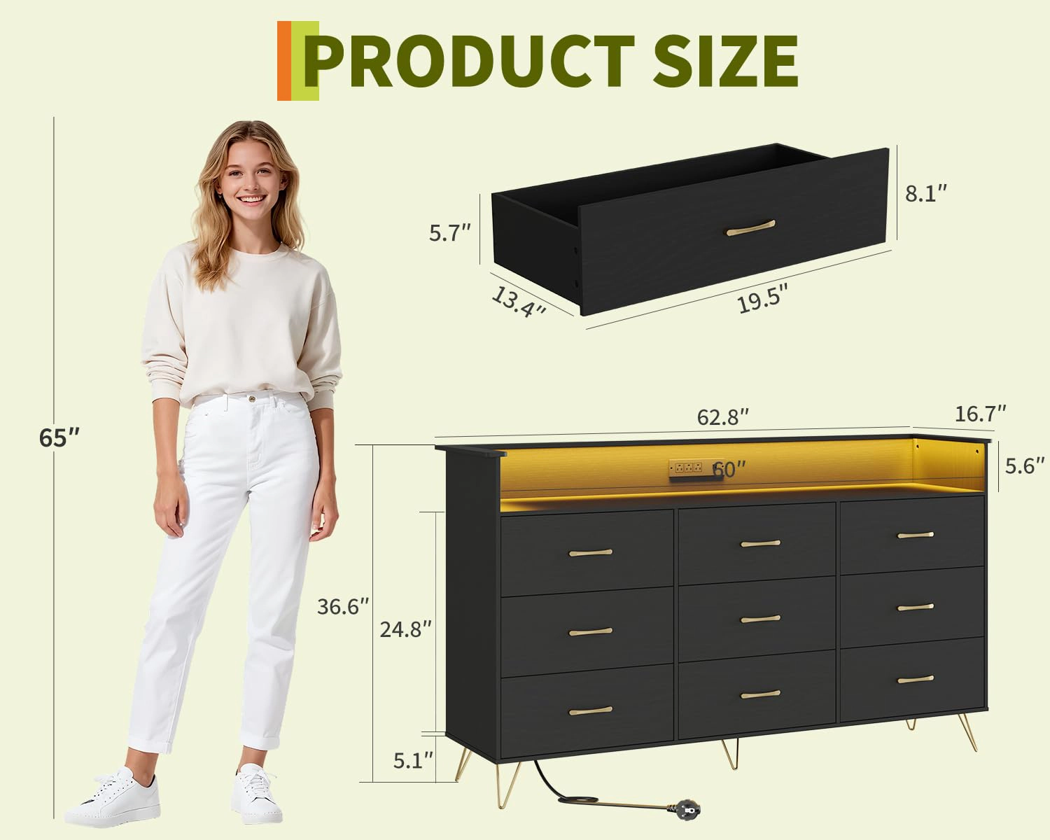 9 Drawer Dresser with App RGB LED Lights & Charging Station, Wood Storage Chest