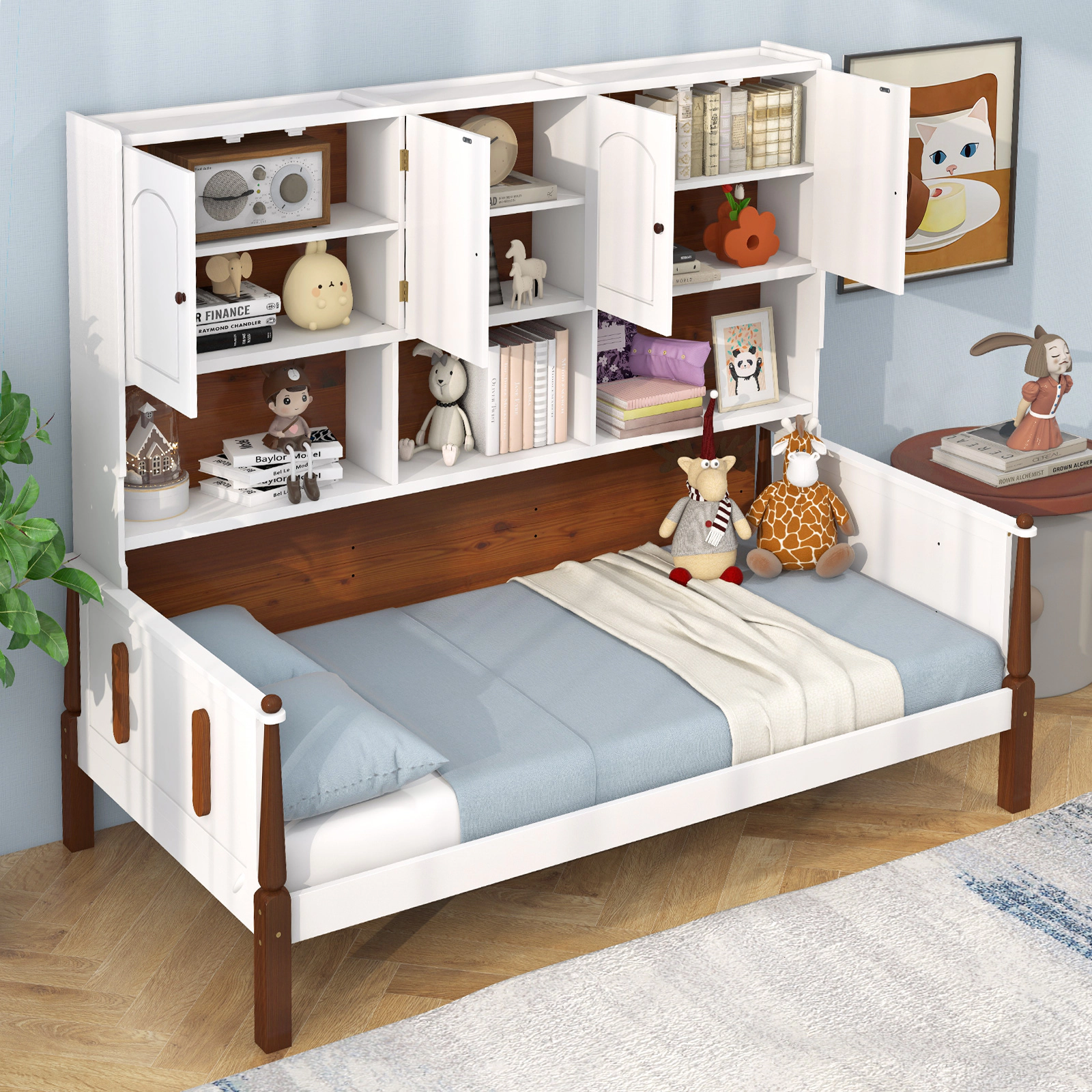 SUGIFT Twin Platform Bed with Bookcase Headboard, 2 Cabinets, 5 Shelves, White