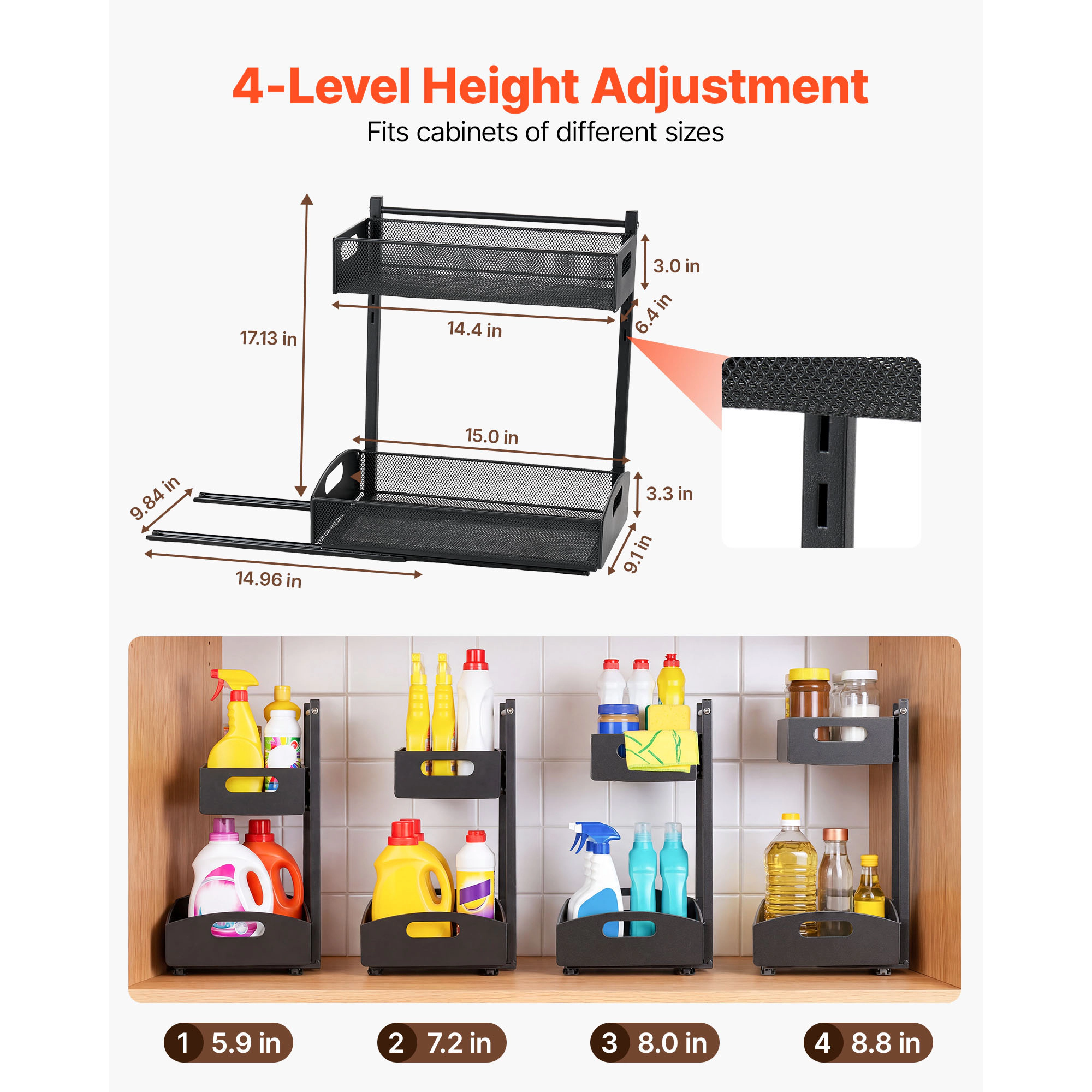 HONGGE Under Sink Organizer 2 Pack 2-Tier Pull Out Cabinet with 4-Level Height Adjustment Metal Slide