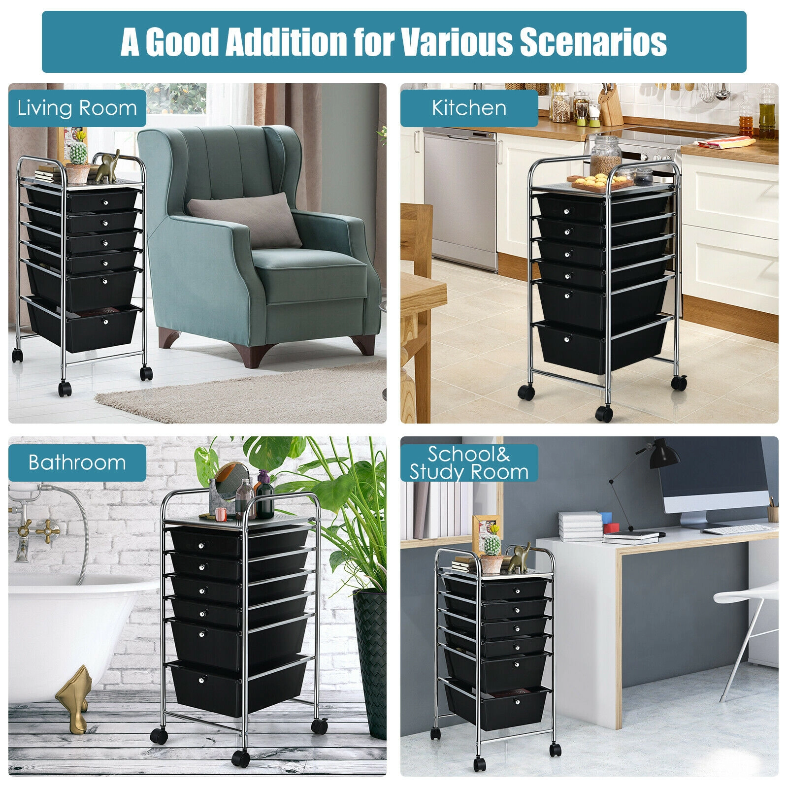 SUGIFT Black 30-in 6-Drawer Rolling Storage Cart with 2 Deep 4 Shallow Clear Drawers and Locking Wheels