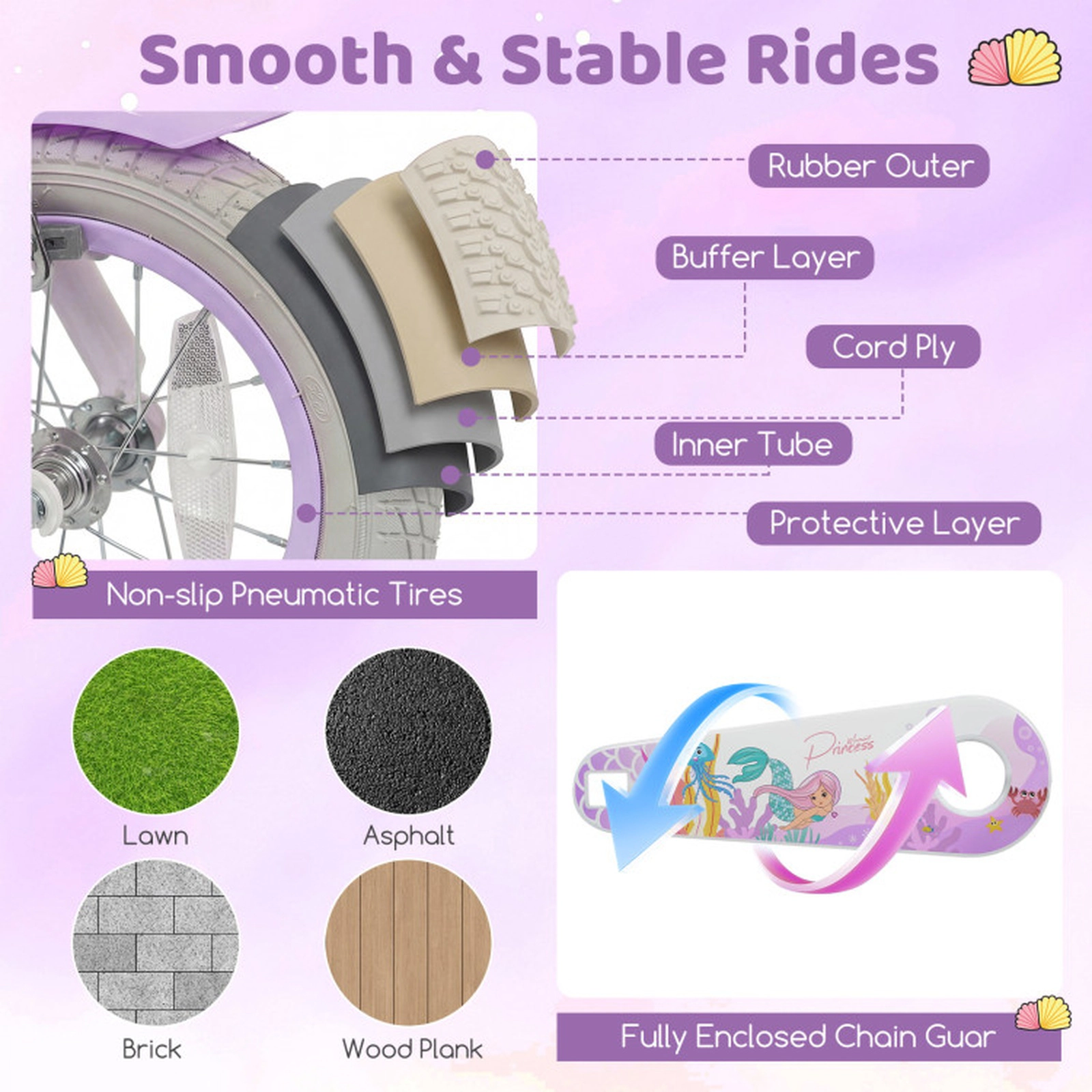 SUGIFT Purple Storage Basket Streamers and Mermaid Graphics Kids Bike