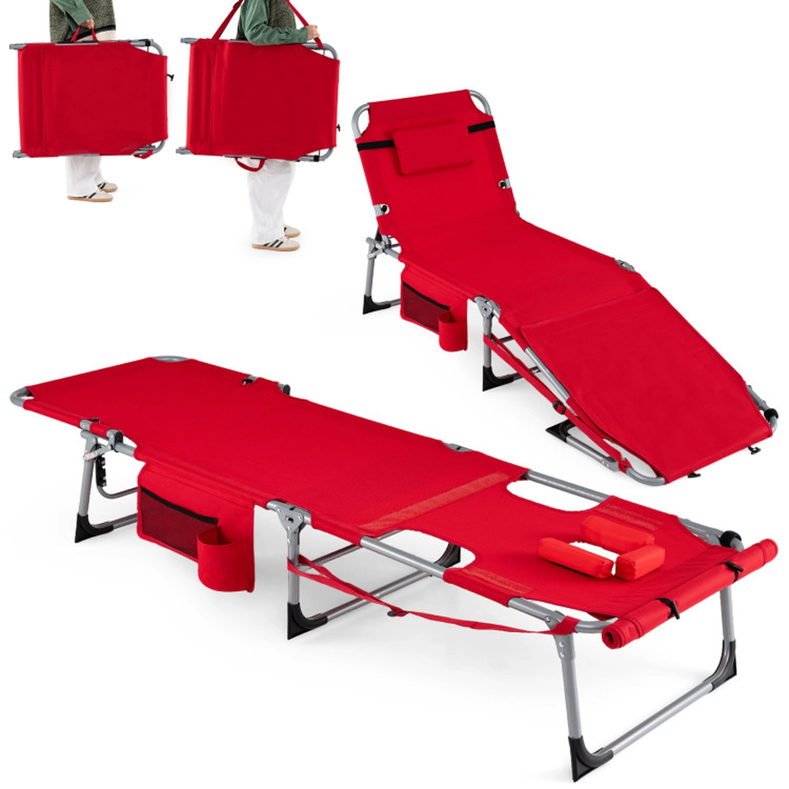 SUGIFT 4-Level Adjustable Tanning Chairs with Face and Arm Holes 330-Lb Capacity Set of 2 Folding Chaise Lounges Red