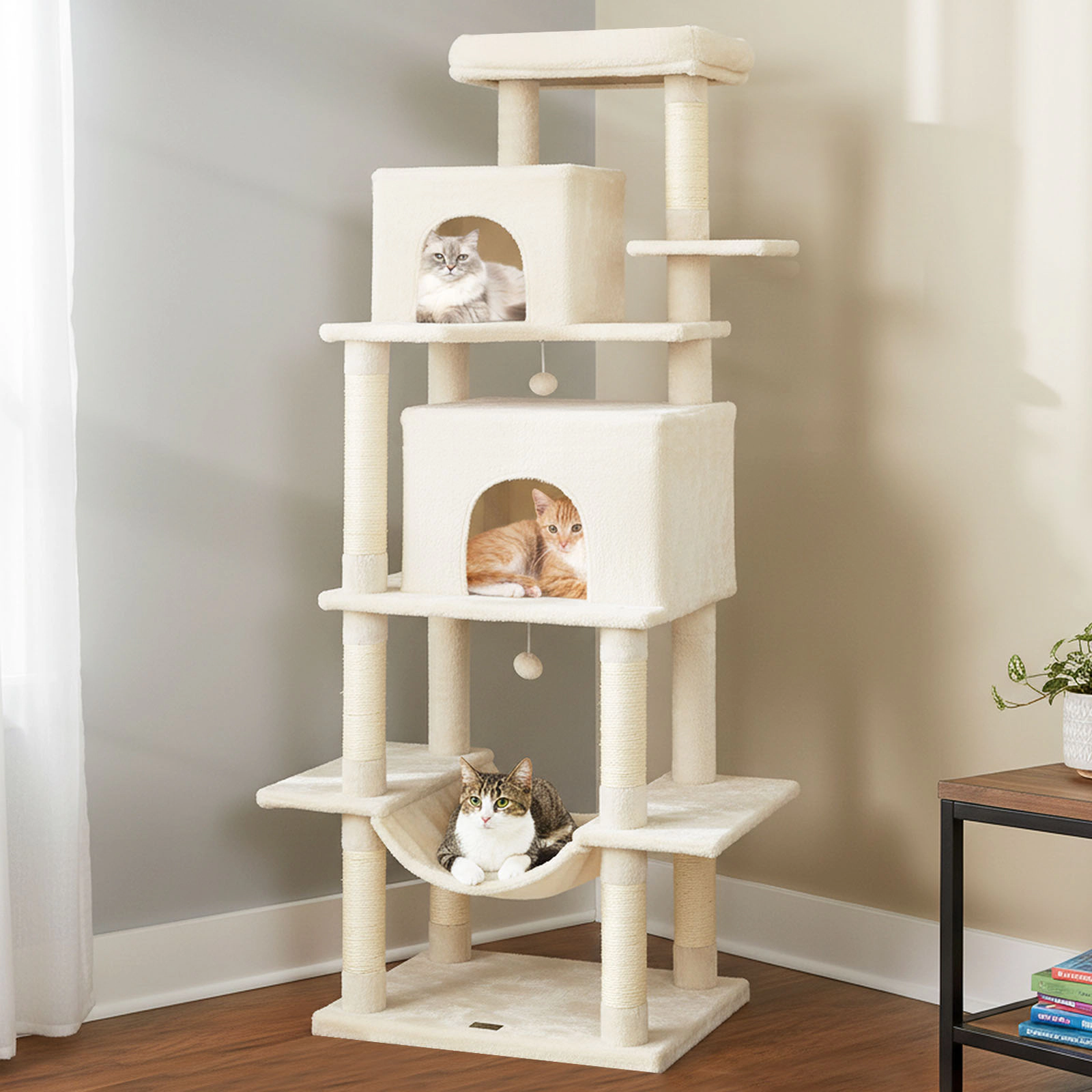 SUGIFT Beige 70 in Large Cat Tower with 2 Hideaway Condos and Padded Top Perch