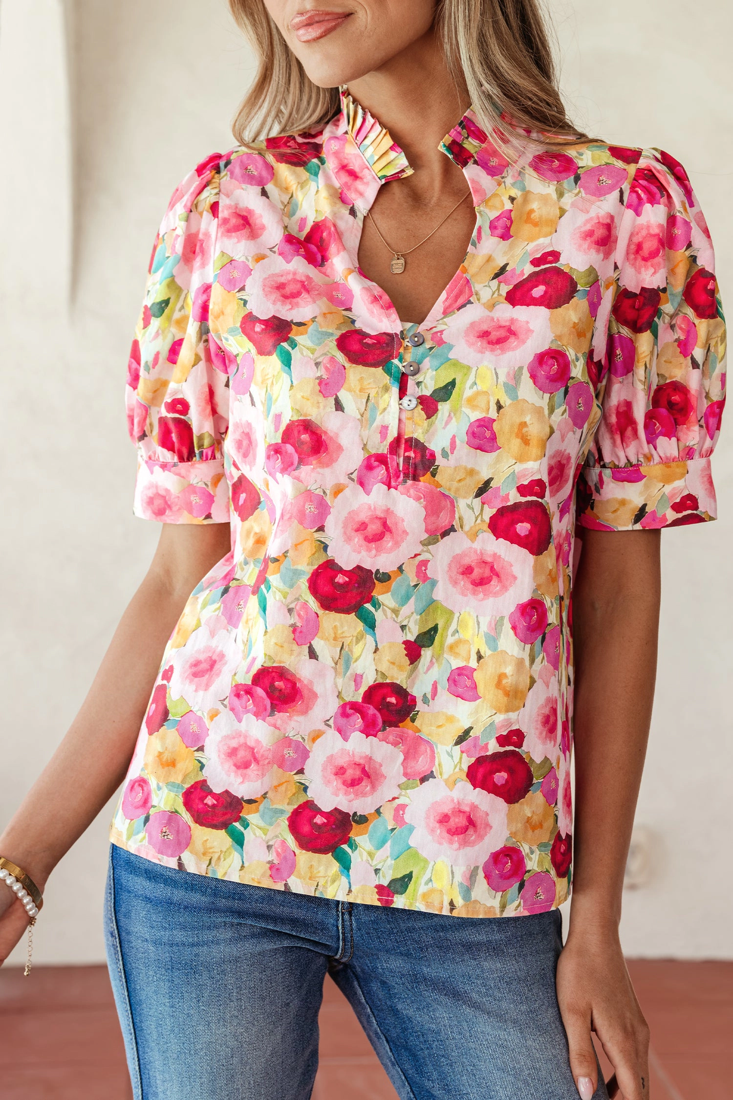 Threaded Pear Charleigh Puff Short Sleeve Floral Blouse