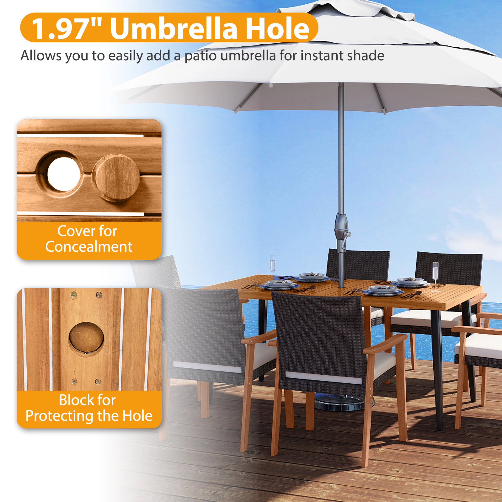SUGIFT 63-in Acacia Wood Dining Table for 6, Indoor Outdoor Patio Table with Metal Legs and Umbrella Hole