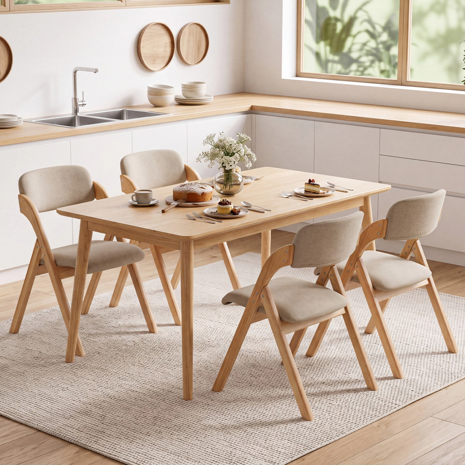 SUGIFT Folding Rubber Wood Dining Chairs Set of 4 with Linen Cushion 330-Lb Capacity Natural and Khaki
