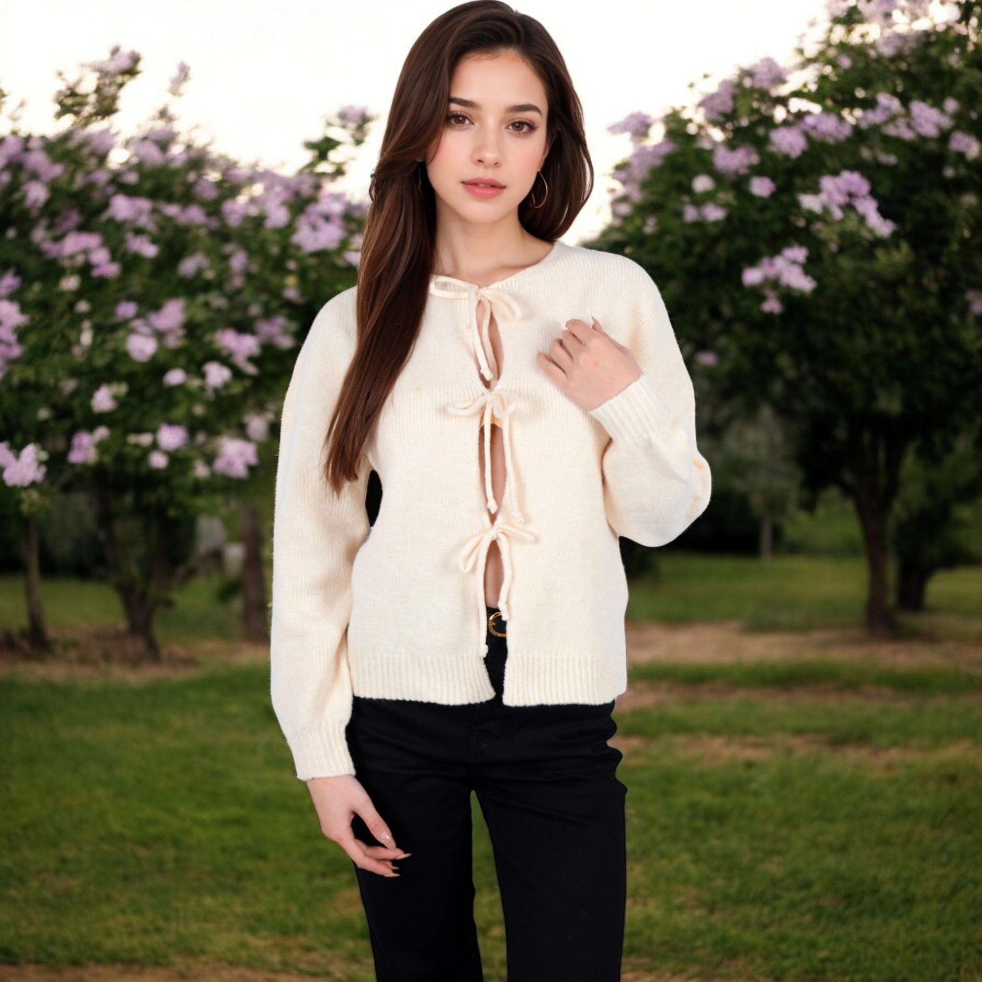 Anna-Kaci Women's Tie Front Knit Cardigan with Long Sleeves and Open