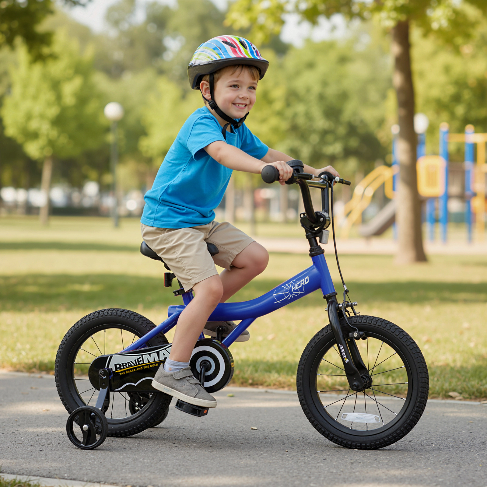 14-in Kids Bike Removable Training Wheels Short-Reach Handbrake Rear Coaster Brake Chain Guard and Bell Ages 3-5 Navy